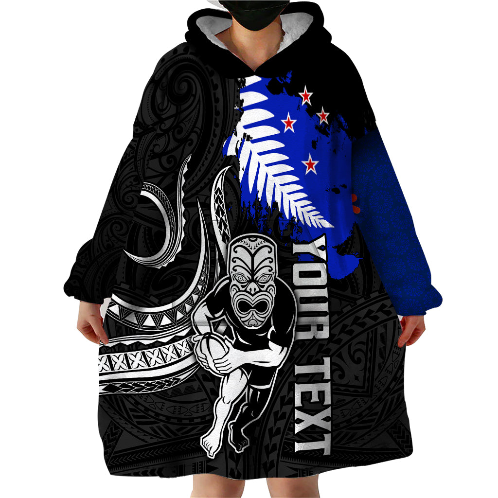 Personalised Aotearoa Rugby Wearable Blanket Hoodie All Black Maori Fern - Vibe Hoodie Shop