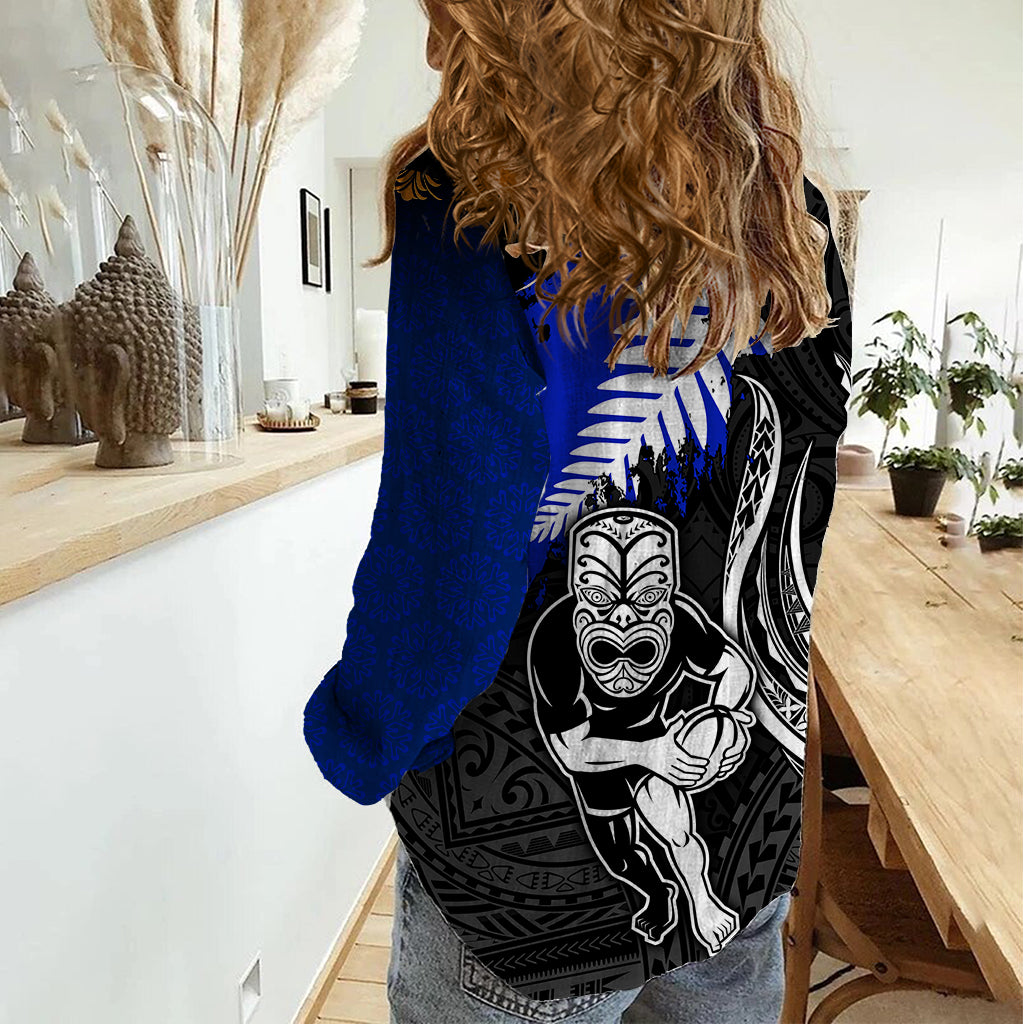 Personalised Aotearoa Rugby Women Casual Shirt All Black Maori Fern - Vibe Hoodie Shop