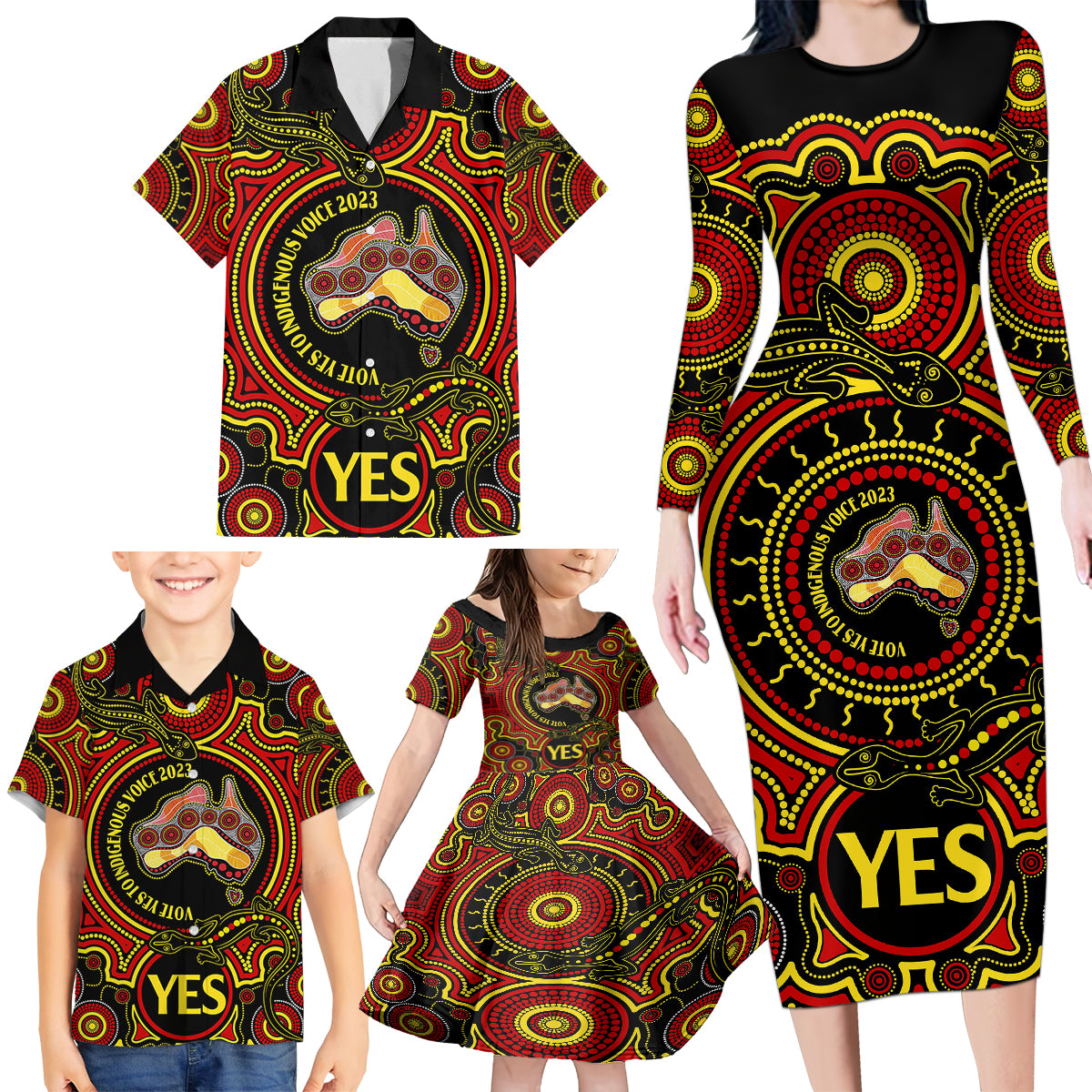 australia-vote-yes-family-matching-long-sleeve-bodycon-dress-and-hawaiian-shirt-indigenous-voice-2023-maps-to-parliament-australia