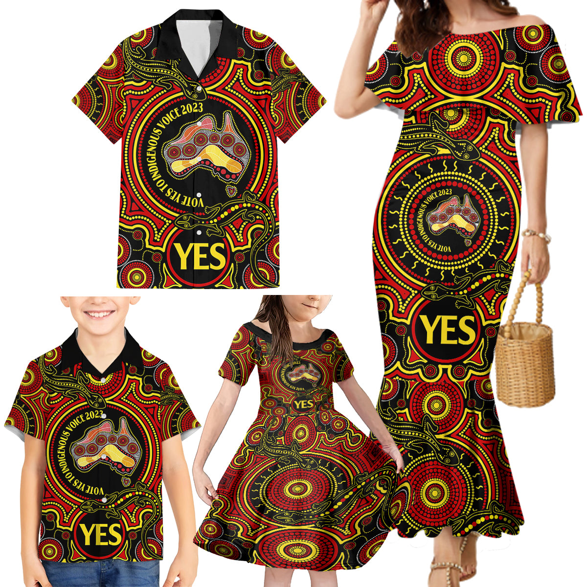 australia-vote-yes-family-matching-mermaid-dress-and-hawaiian-shirt-indigenous-voice-2023-maps-to-parliament-australia