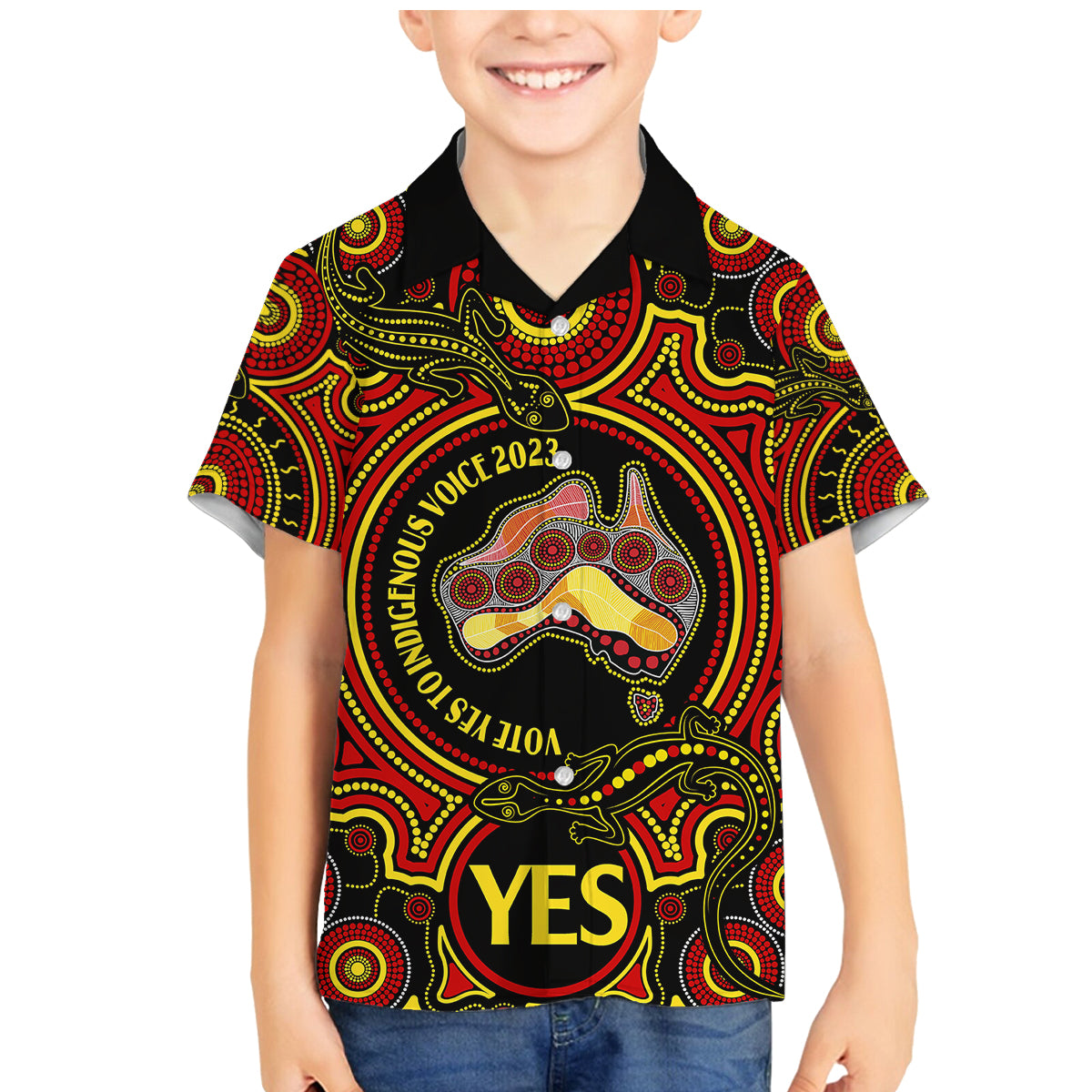 australia-vote-yes-family-matching-mermaid-dress-and-hawaiian-shirt-indigenous-voice-2023-maps-to-parliament-australia