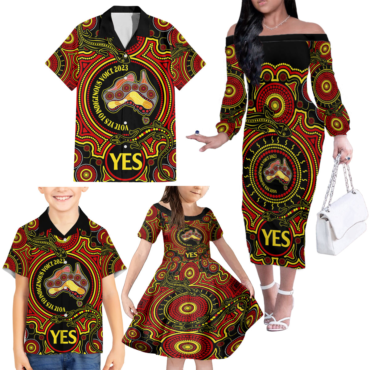 australia-vote-yes-family-matching-off-shoulder-long-sleeve-dress-and-hawaiian-shirt-indigenous-voice-2023-maps-to-parliament-australia