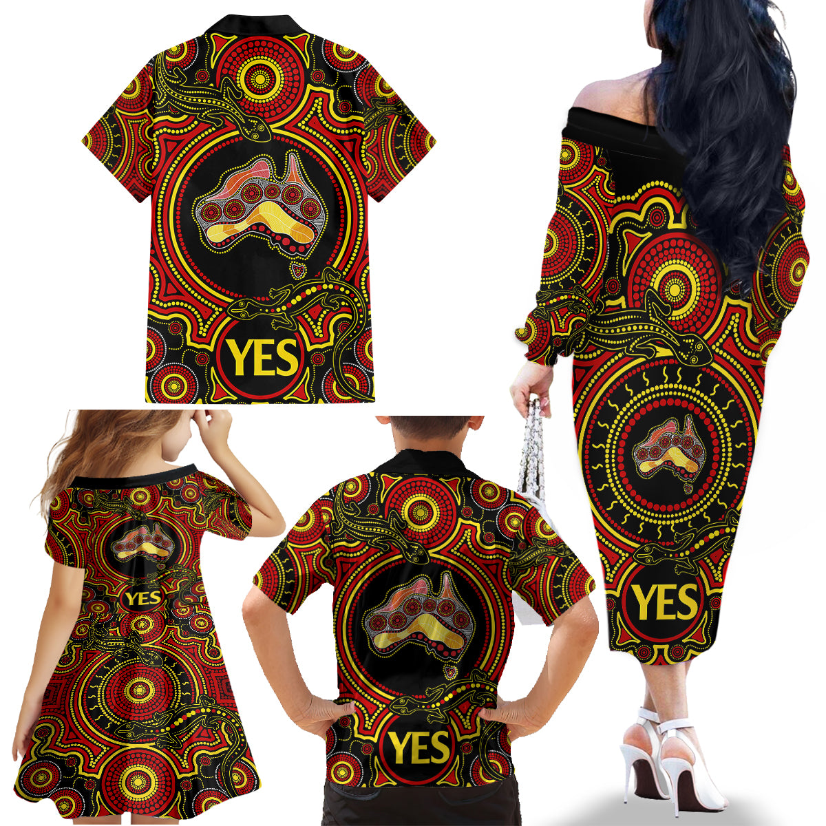 Australia Vote YES Family Matching Off Shoulder Long Sleeve Dress and Hawaiian Shirt Indigenous Voice 2023 Maps to Parliament Australia LT9