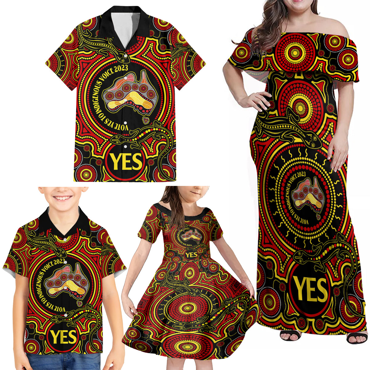 australia-vote-yes-family-matching-off-shoulder-maxi-dress-and-hawaiian-shirt-indigenous-voice-2023-maps-to-parliament-australia