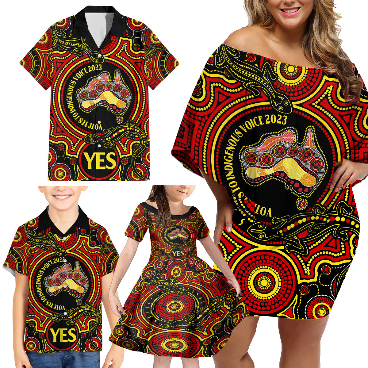 australia-vote-yes-family-matching-off-shoulder-short-dress-and-hawaiian-shirt-indigenous-voice-2023-maps-to-parliament-australia