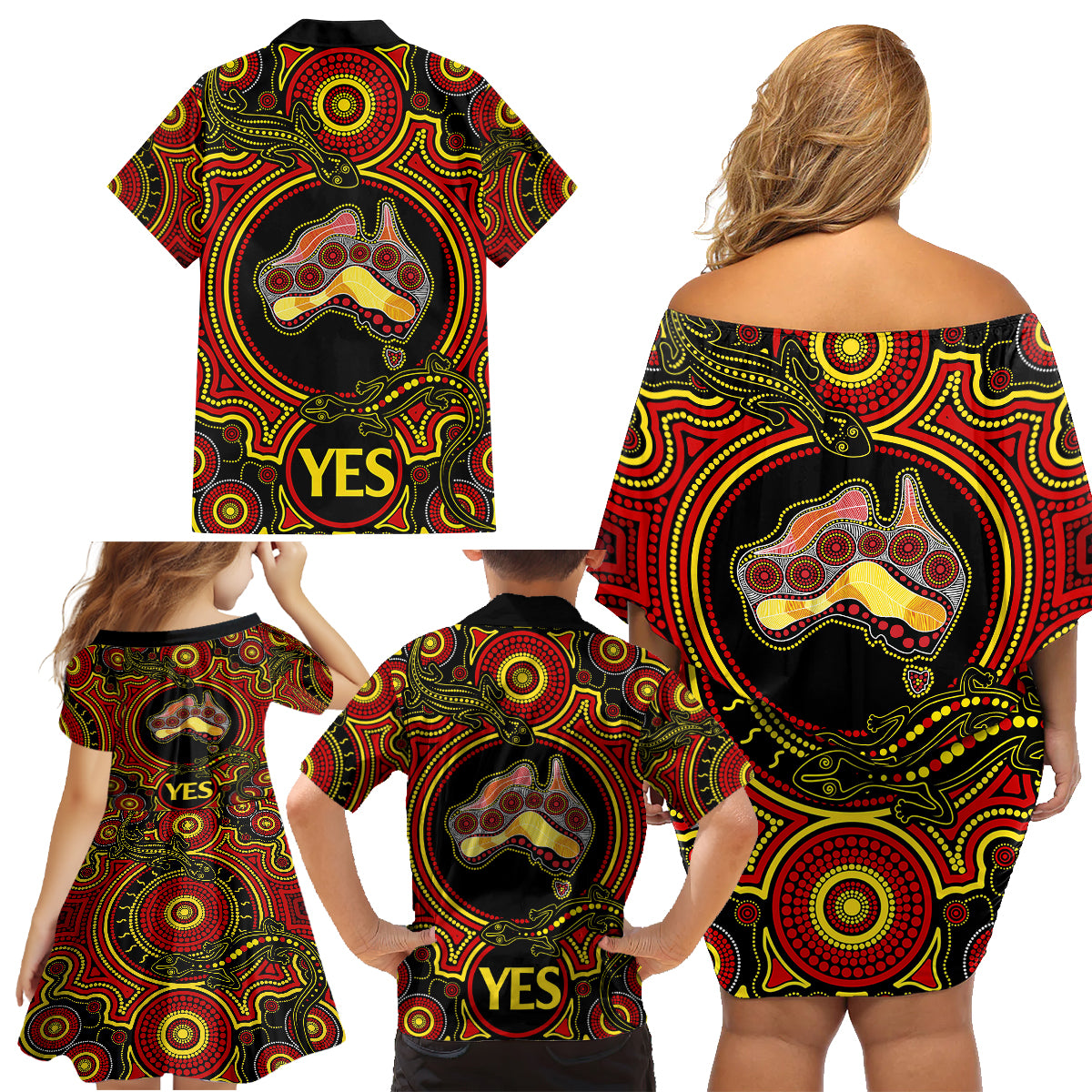 australia-vote-yes-family-matching-off-shoulder-short-dress-and-hawaiian-shirt-indigenous-voice-2023-maps-to-parliament-australia