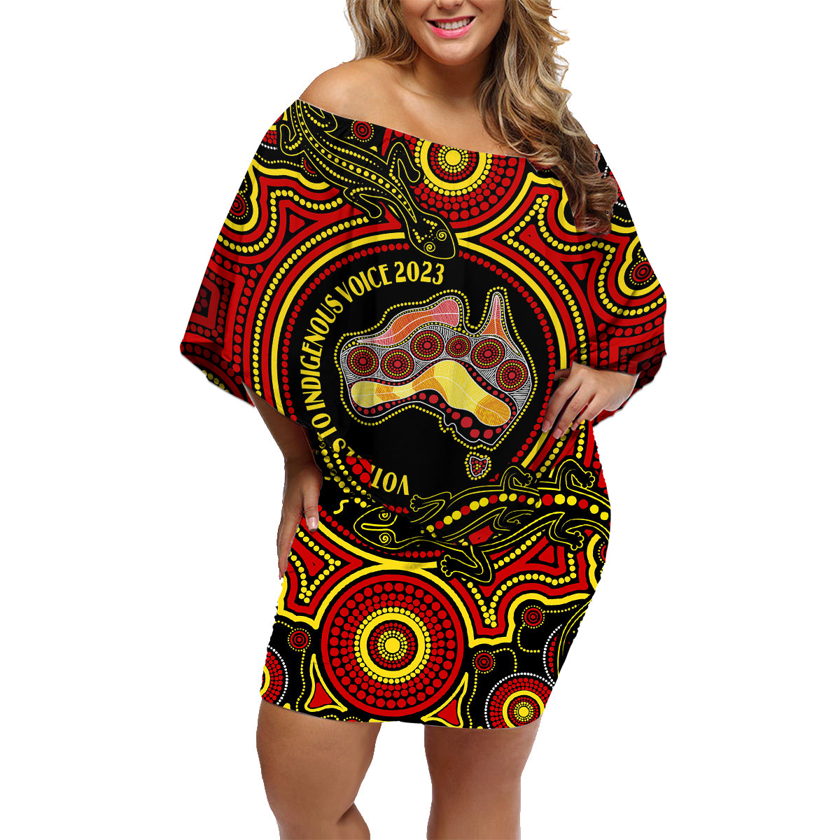 australia-vote-yes-family-matching-off-shoulder-short-dress-and-hawaiian-shirt-indigenous-voice-2023-maps-to-parliament-australia