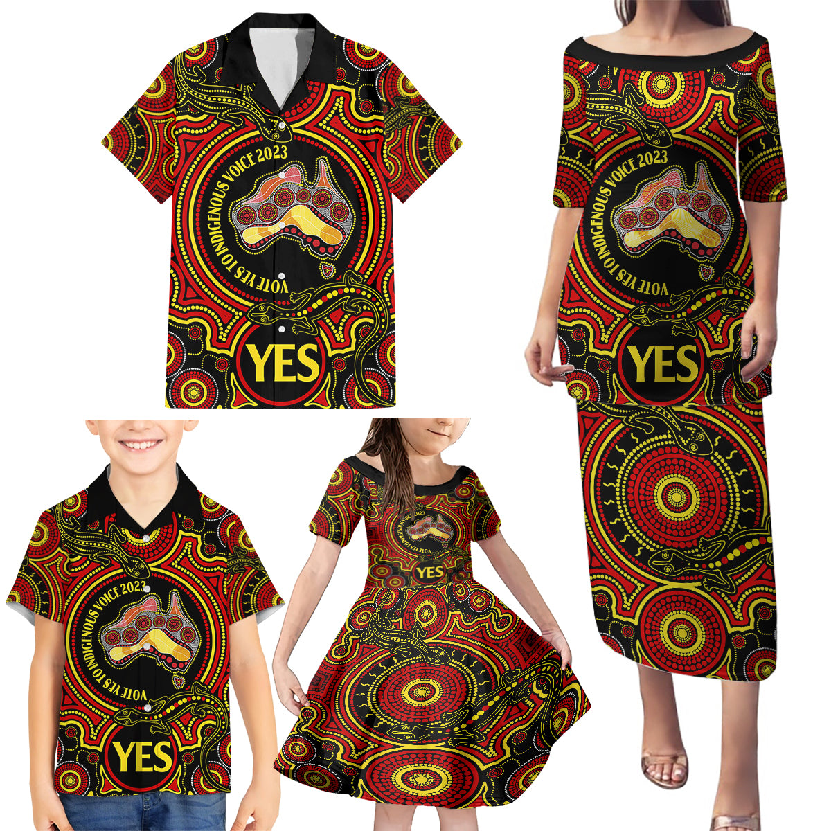 australia-vote-yes-family-matching-puletasi-dress-and-hawaiian-shirt-indigenous-voice-2023-maps-to-parliament-australia