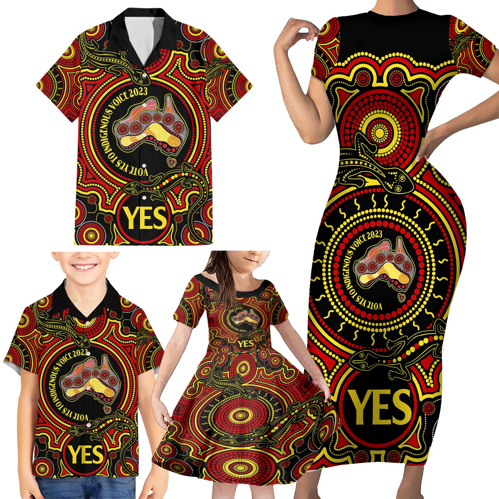 australia-vote-yes-family-matching-short-sleeve-bodycon-dress-and-hawaiian-shirt-indigenous-voice-2023-maps-to-parliament-australia