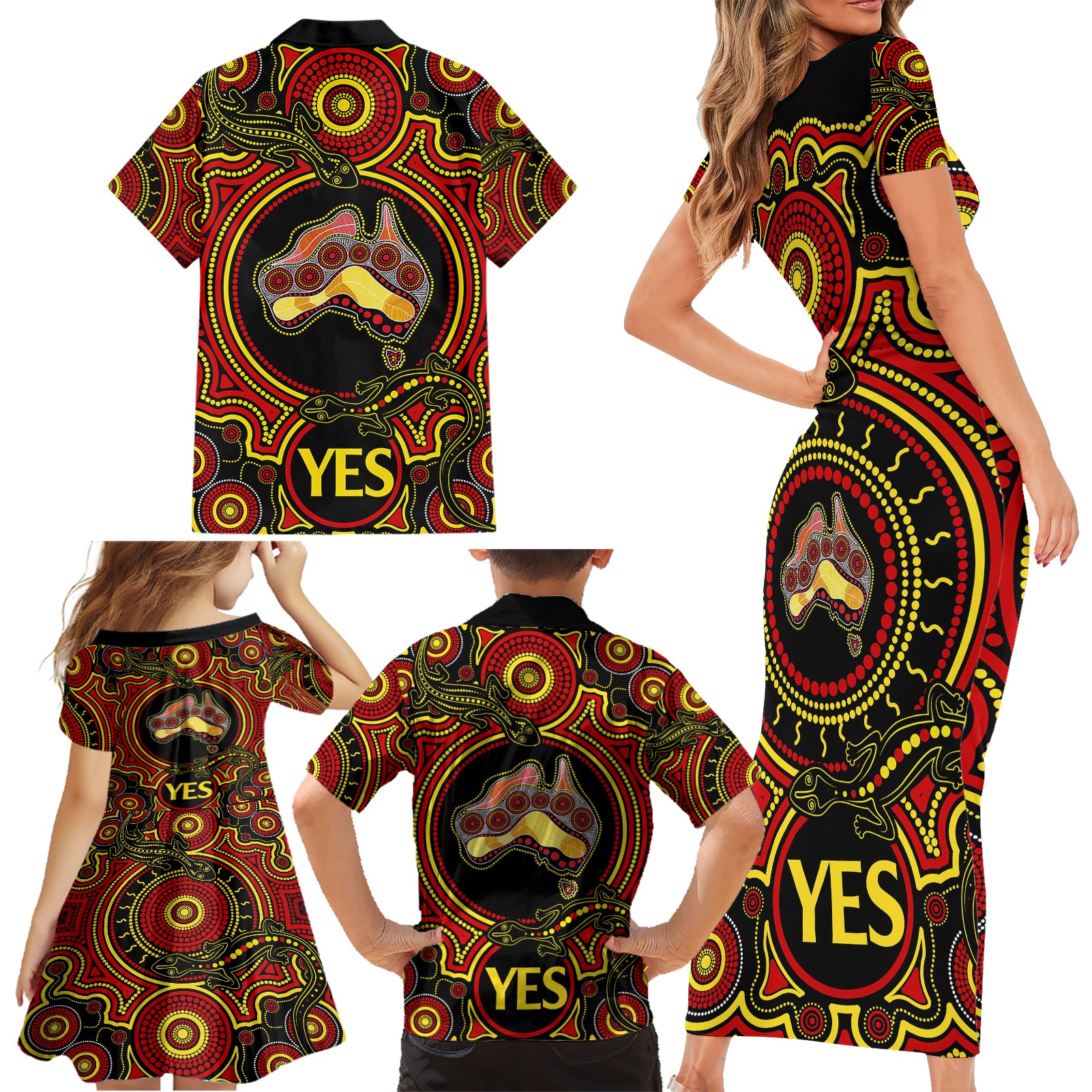 australia-vote-yes-family-matching-short-sleeve-bodycon-dress-and-hawaiian-shirt-indigenous-voice-2023-maps-to-parliament-australia