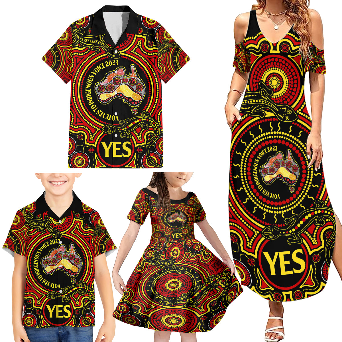 australia-vote-yes-family-matching-summer-maxi-dress-and-hawaiian-shirt-indigenous-voice-2023-maps-to-parliament-australia