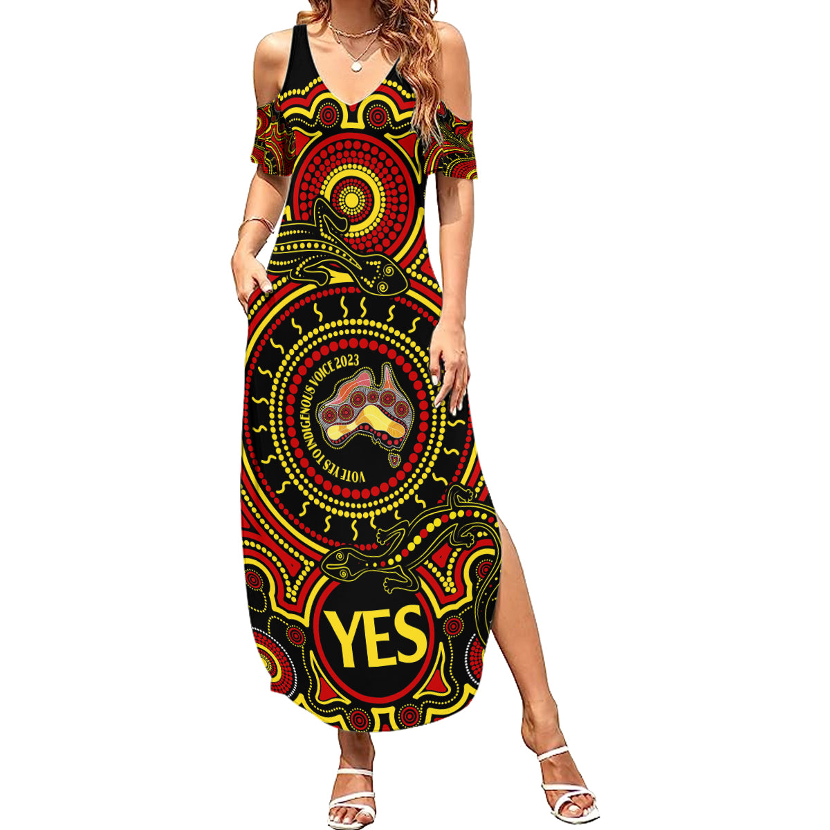 australia-vote-yes-family-matching-summer-maxi-dress-and-hawaiian-shirt-indigenous-voice-2023-maps-to-parliament-australia