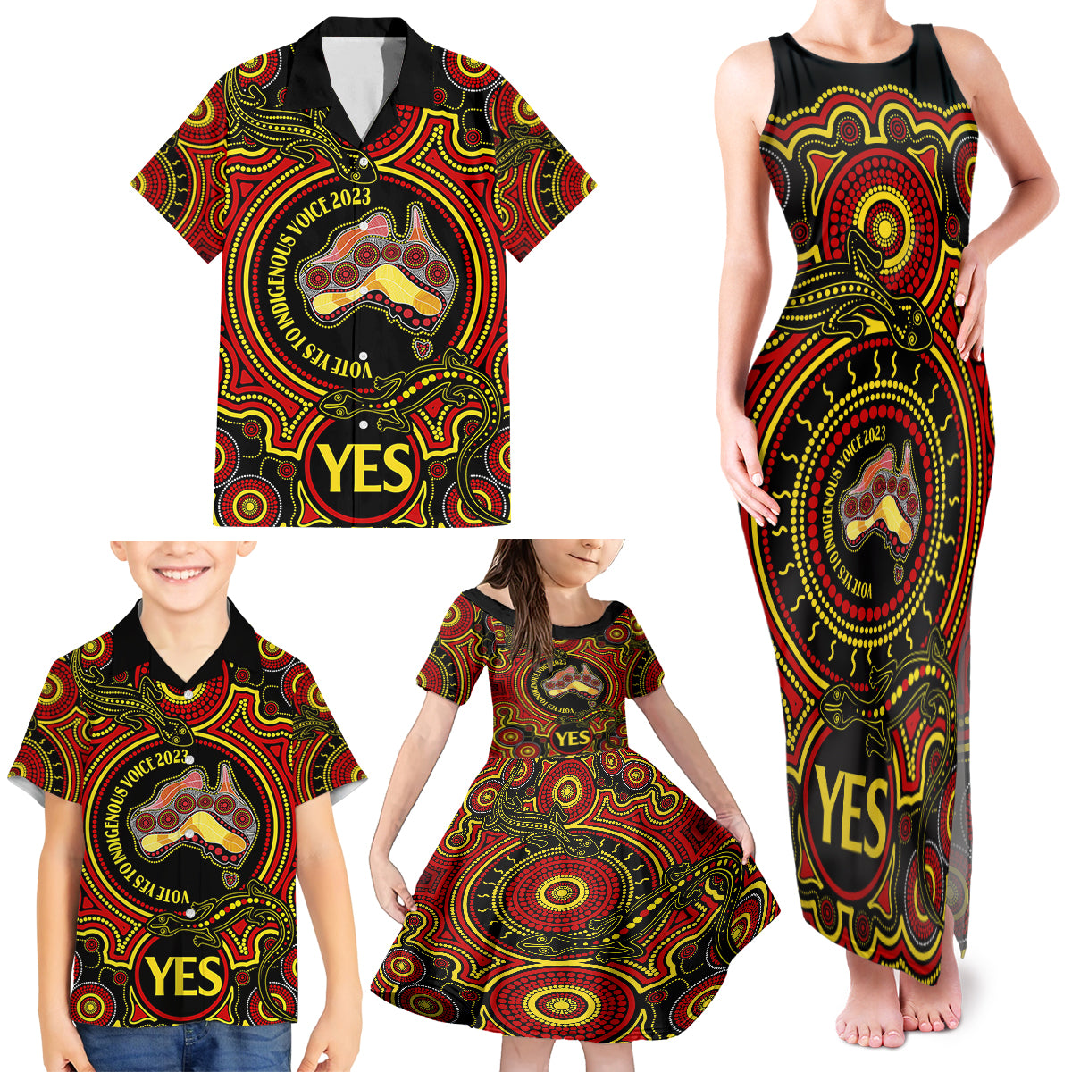 australia-vote-yes-family-matching-tank-maxi-dress-and-hawaiian-shirt-indigenous-voice-2023-maps-to-parliament-australia