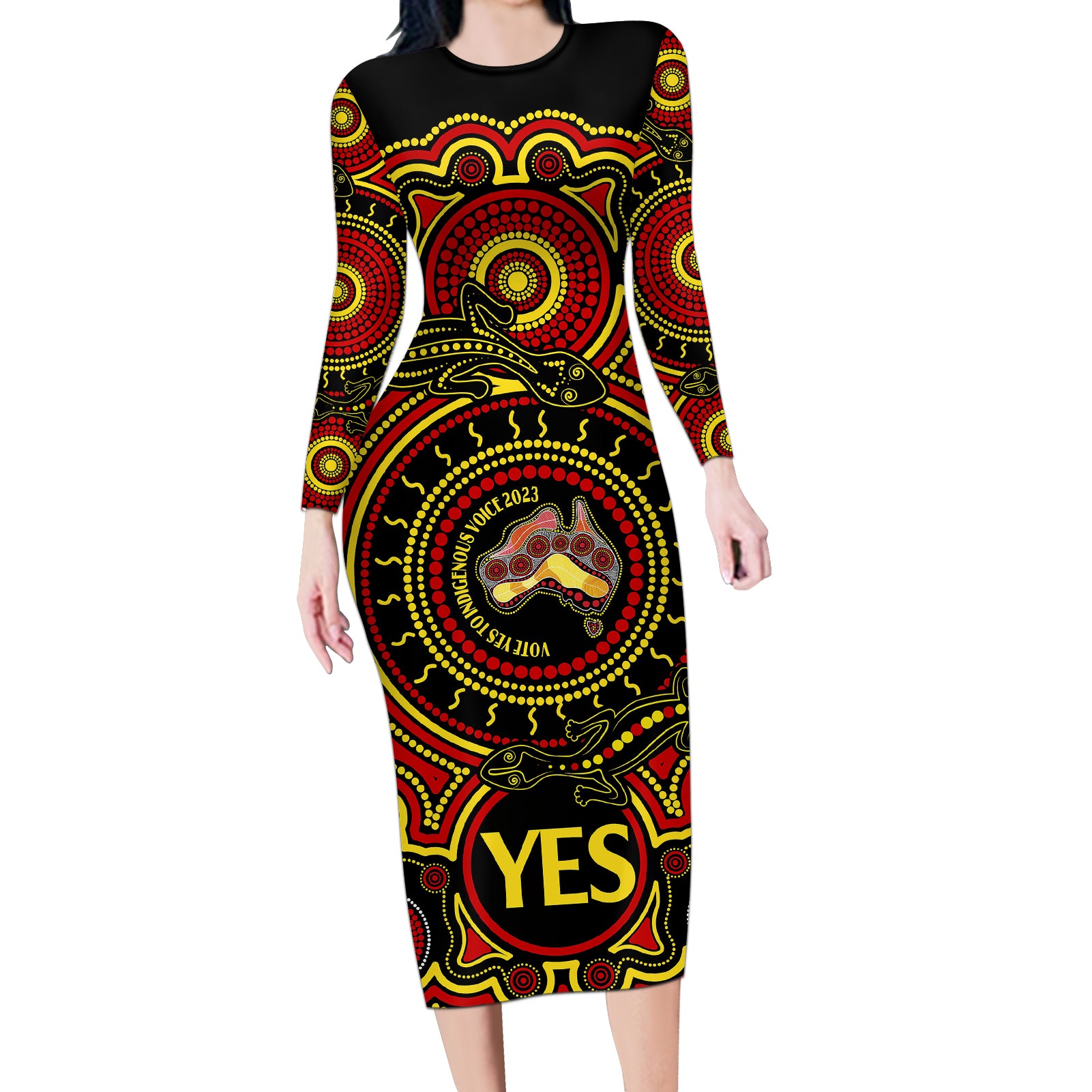 australia-vote-yes-long-sleeve-bodycon-dress-indigenous-voice-2023-maps-to-parliament-australia