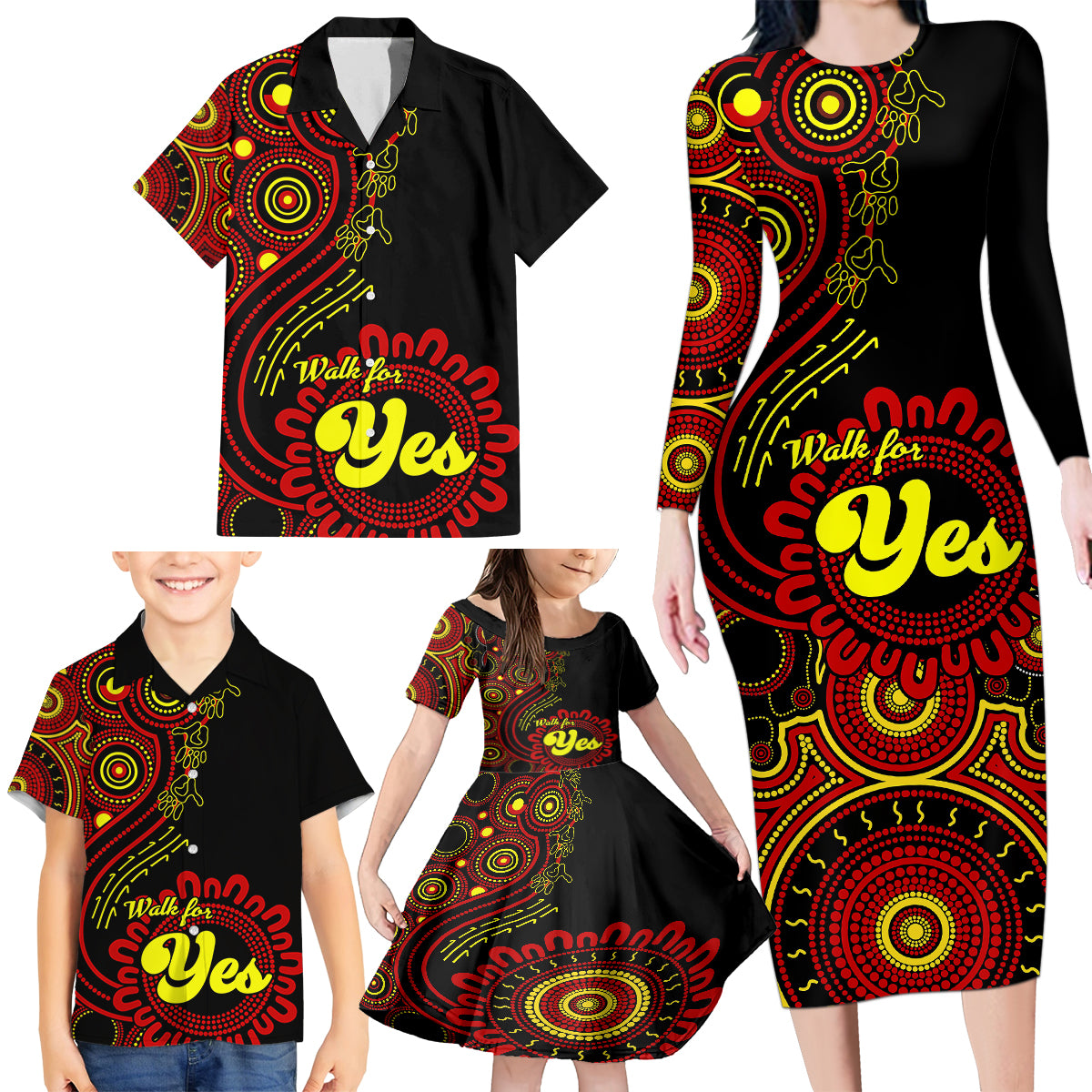 australia-walk-for-yes-family-matching-long-sleeve-bodycon-dress-and-hawaiian-shirt-indigenous-voice-2023-aboriginal-red-vibe