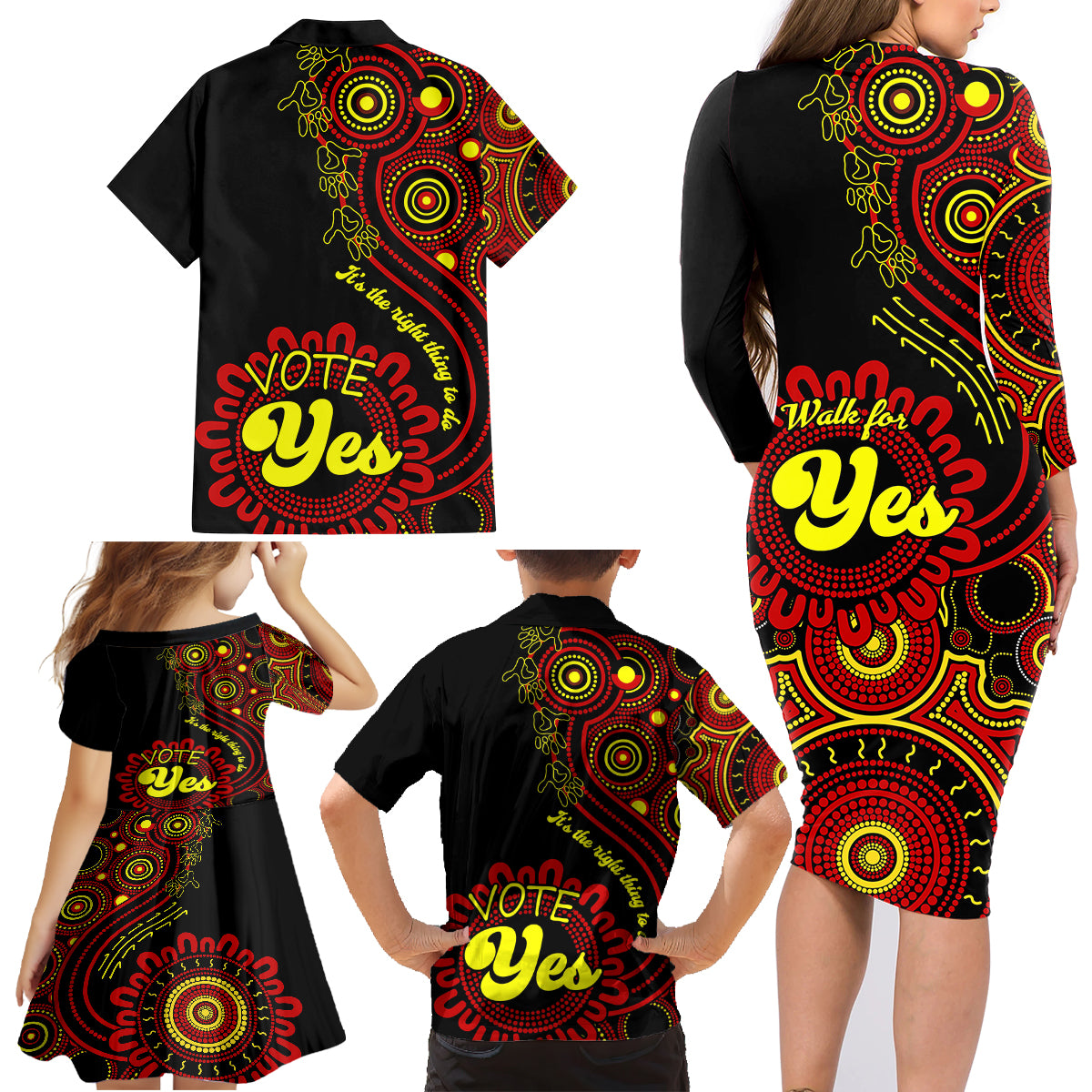 australia-walk-for-yes-family-matching-long-sleeve-bodycon-dress-and-hawaiian-shirt-indigenous-voice-2023-aboriginal-red-vibe