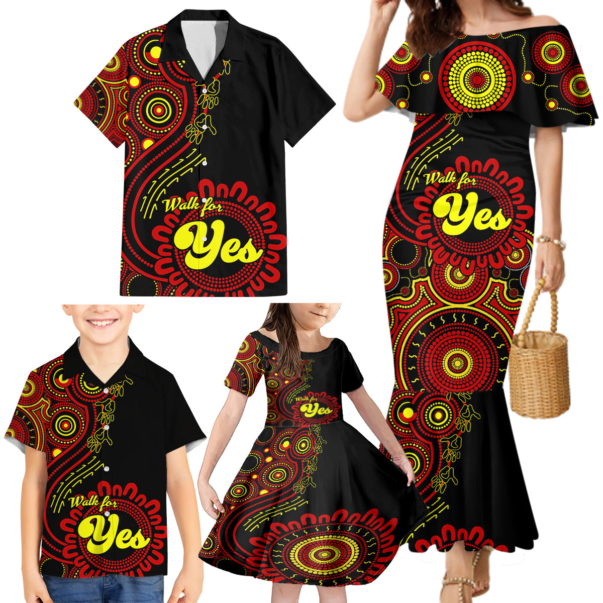 australia-walk-for-yes-family-matching-mermaid-dress-and-hawaiian-shirt-indigenous-voice-2023-aboriginal-red-vibe