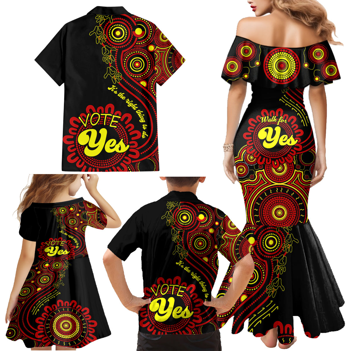 australia-walk-for-yes-family-matching-mermaid-dress-and-hawaiian-shirt-indigenous-voice-2023-aboriginal-red-vibe