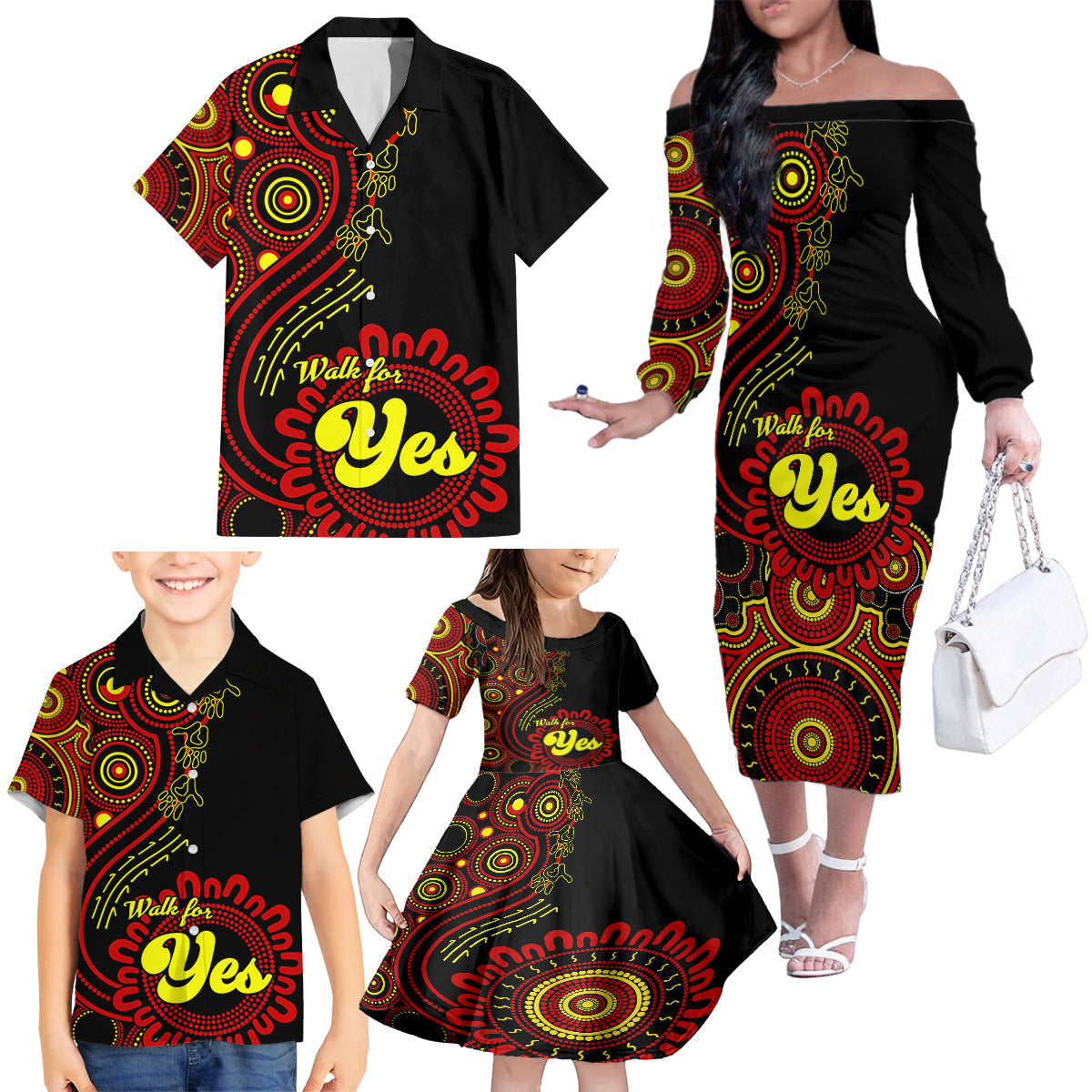 australia-walk-for-yes-family-matching-off-shoulder-long-sleeve-dress-and-hawaiian-shirt-indigenous-voice-2023-aboriginal-red-vibe