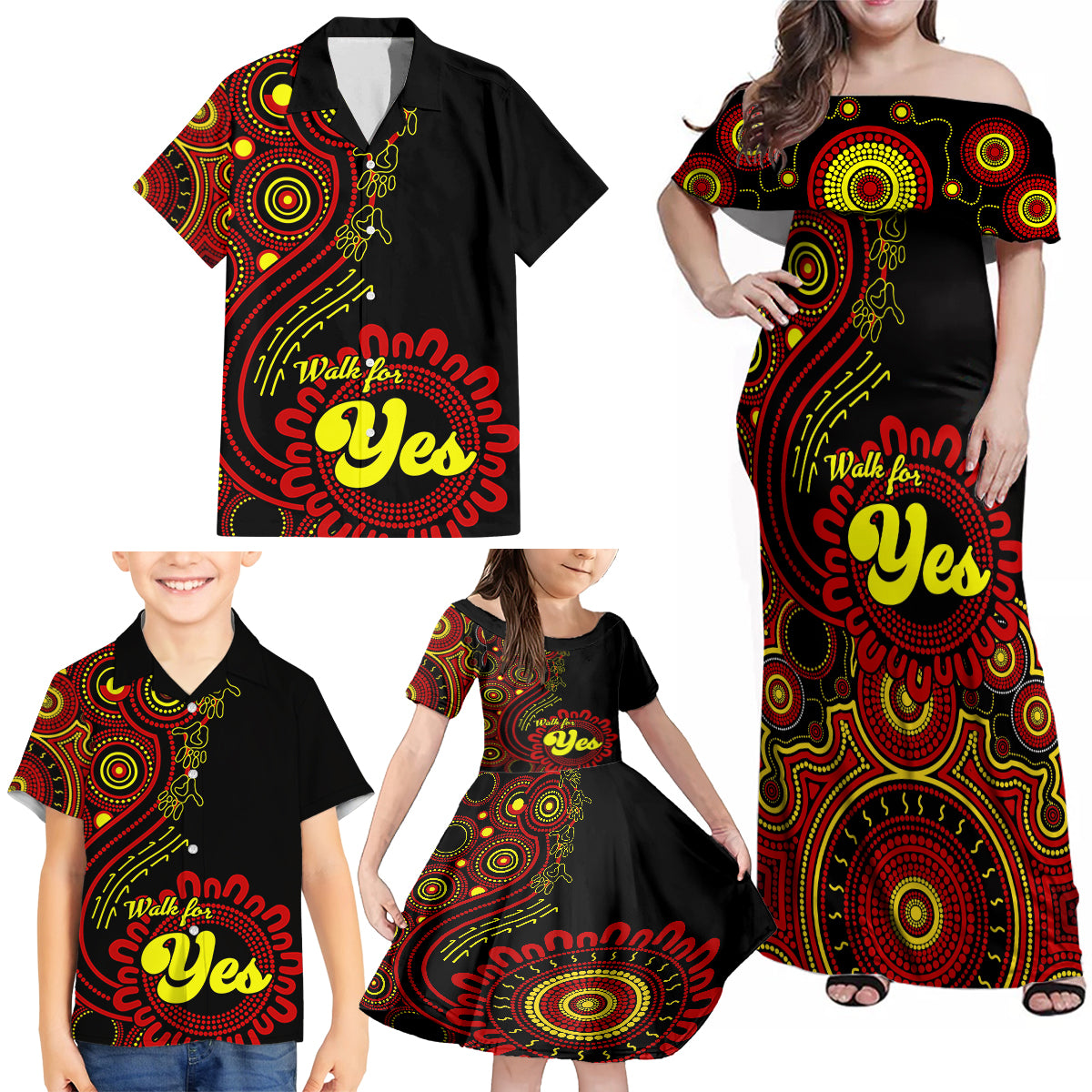 australia-walk-for-yes-family-matching-off-shoulder-maxi-dress-and-hawaiian-shirt-indigenous-voice-2023-aboriginal-red-vibe