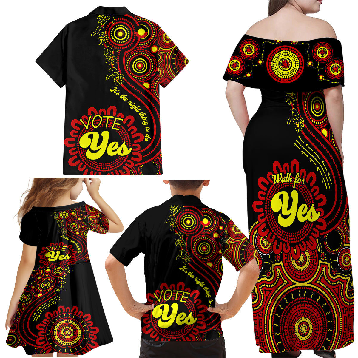 australia-walk-for-yes-family-matching-off-shoulder-maxi-dress-and-hawaiian-shirt-indigenous-voice-2023-aboriginal-red-vibe