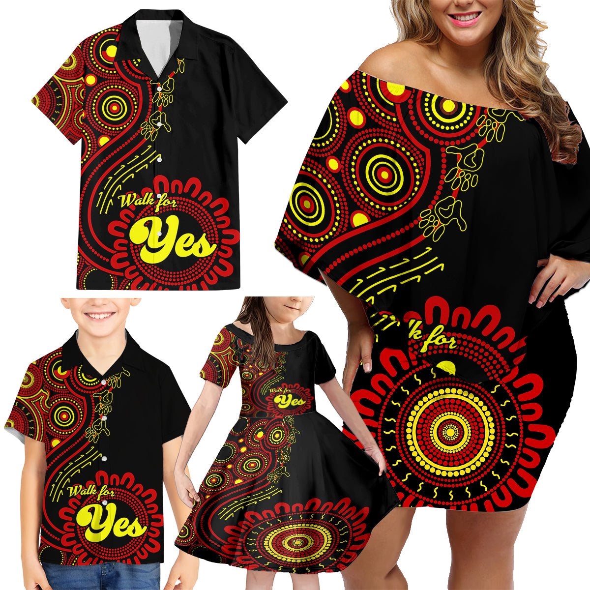 australia-walk-for-yes-family-matching-off-shoulder-short-dress-and-hawaiian-shirt-indigenous-voice-2023-aboriginal-red-vibe