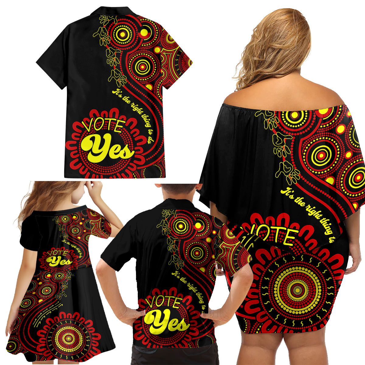 australia-walk-for-yes-family-matching-off-shoulder-short-dress-and-hawaiian-shirt-indigenous-voice-2023-aboriginal-red-vibe