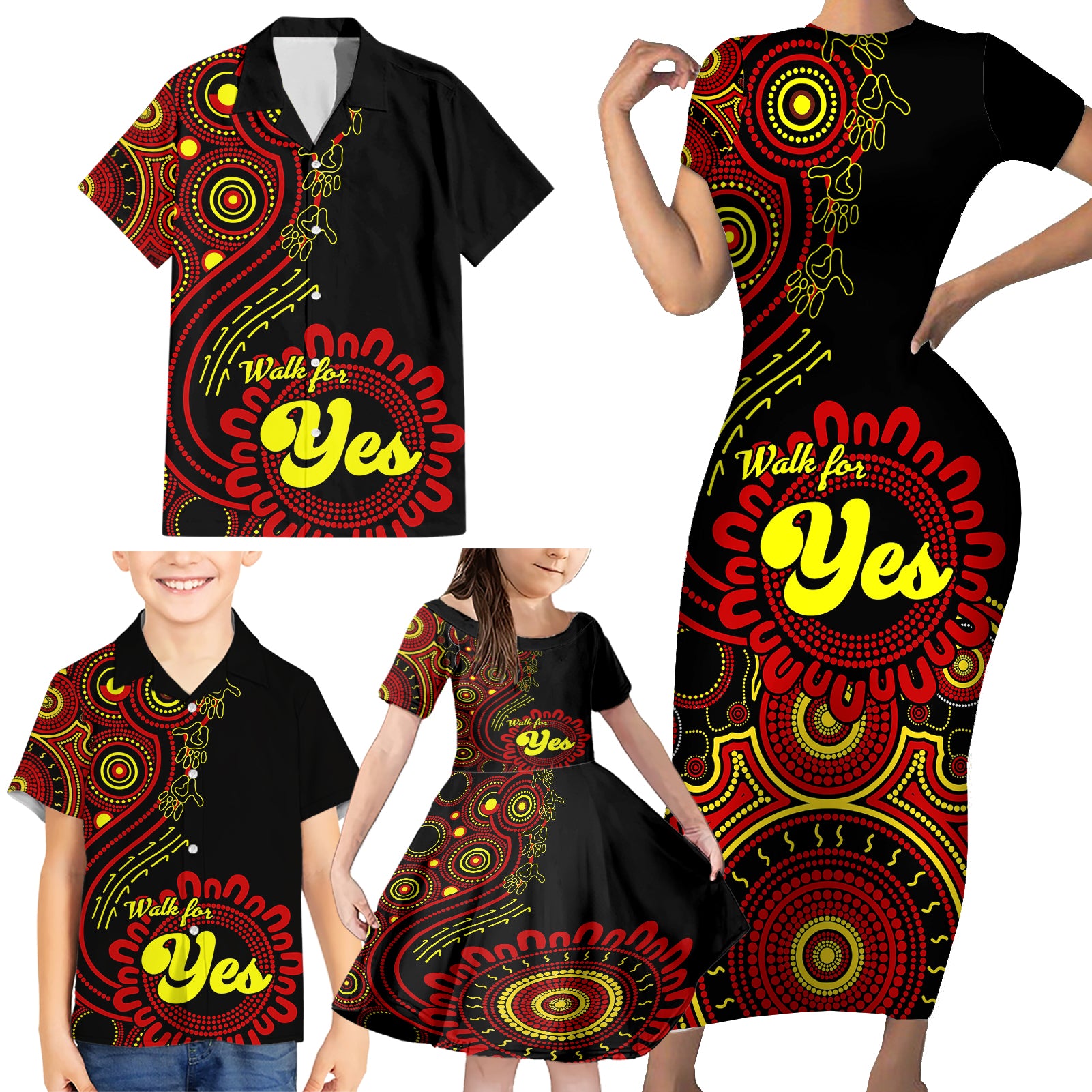 australia-walk-for-yes-family-matching-short-sleeve-bodycon-dress-and-hawaiian-shirt-indigenous-voice-2023-aboriginal-red-vibe