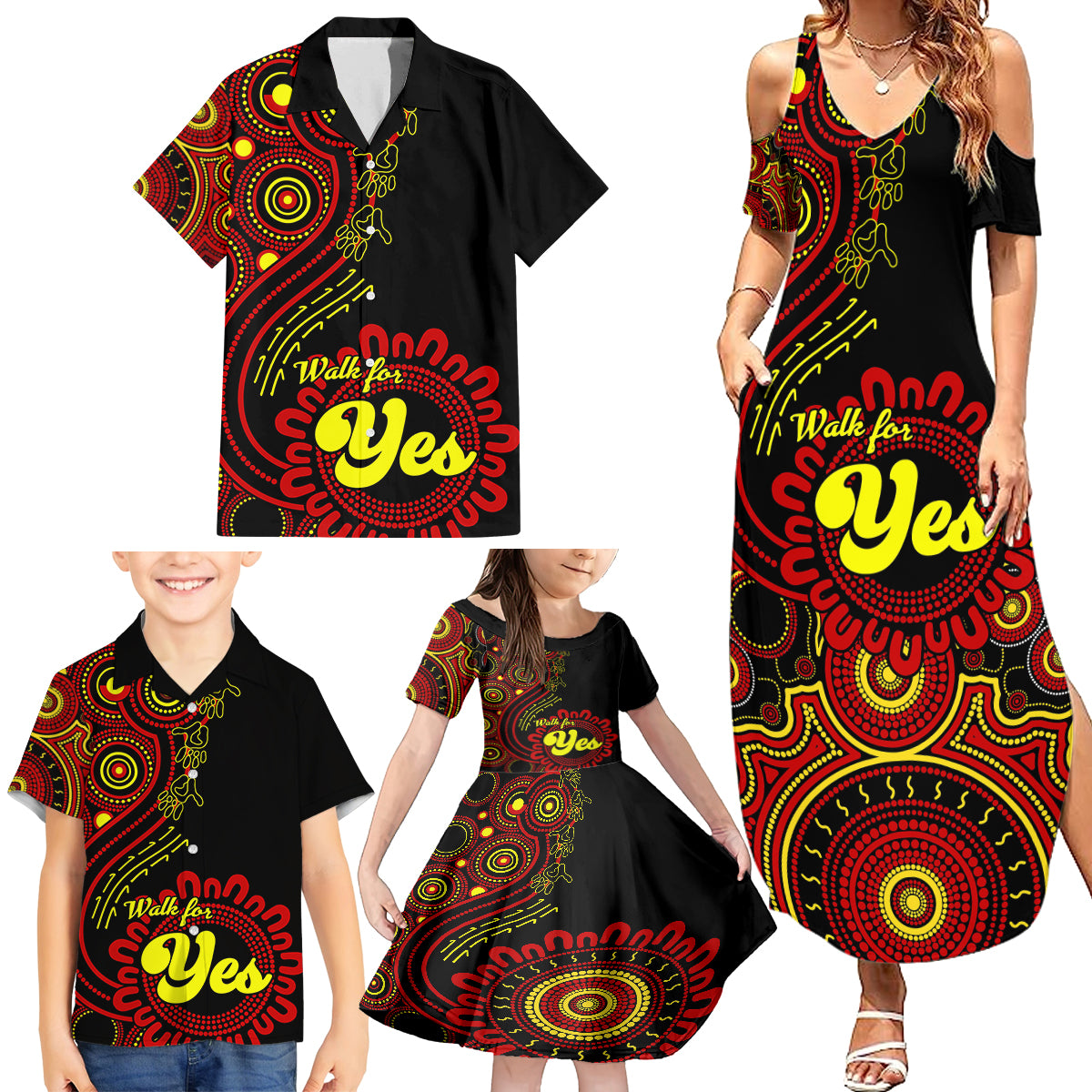 australia-walk-for-yes-family-matching-summer-maxi-dress-and-hawaiian-shirt-indigenous-voice-2023-aboriginal-red-vibe