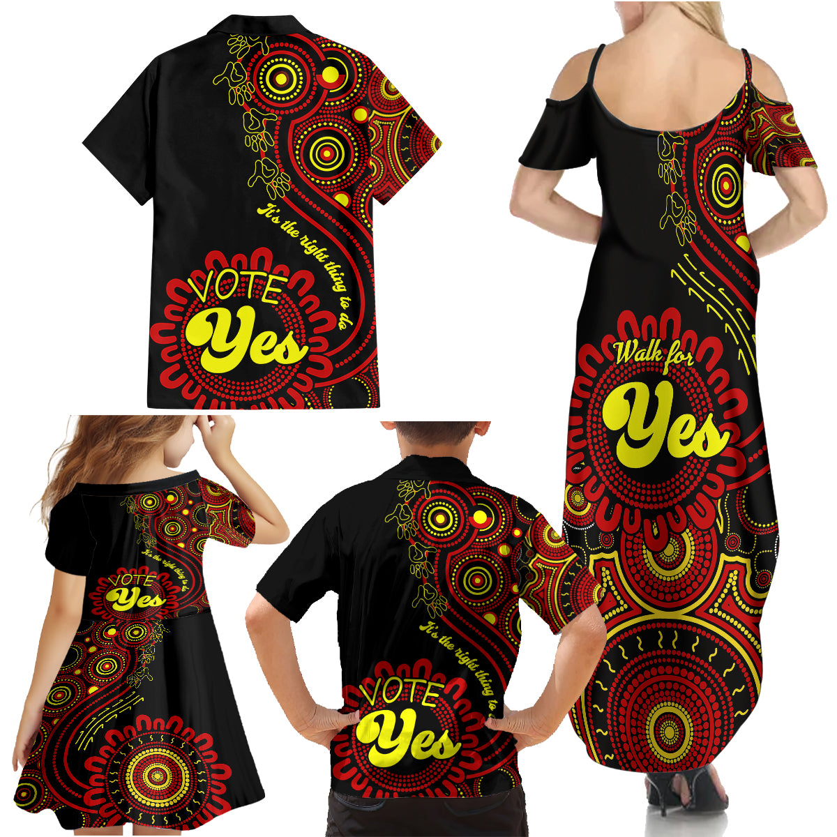 australia-walk-for-yes-family-matching-summer-maxi-dress-and-hawaiian-shirt-indigenous-voice-2023-aboriginal-red-vibe