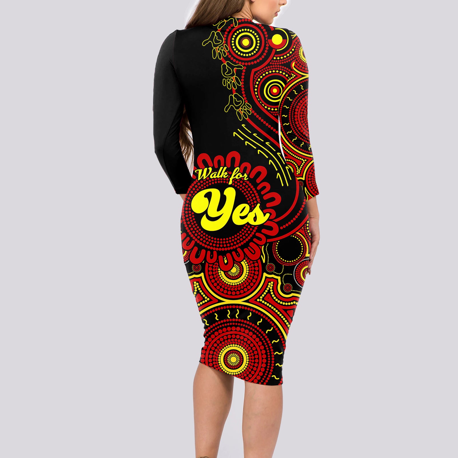 australia-walk-for-yes-long-sleeve-bodycon-dress-indigenous-voice-2023-aboriginal-red-vibe