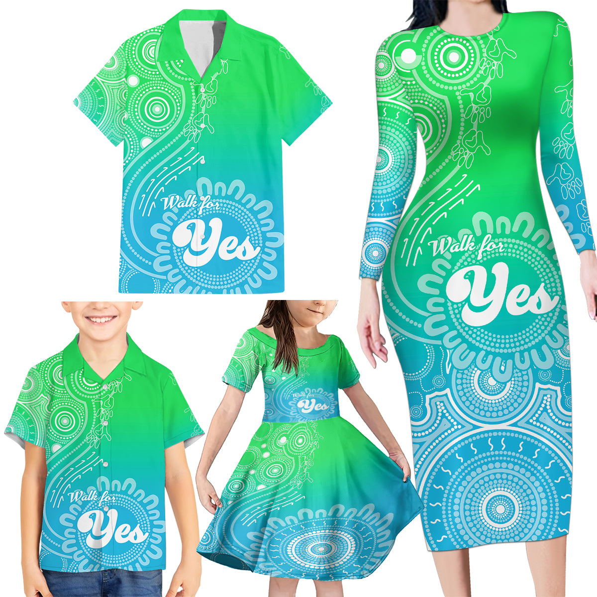 australia-walk-for-yes-family-matching-long-sleeve-bodycon-dress-and-hawaiian-shirt-indigenous-voice-2023-aboriginal-green-vibe