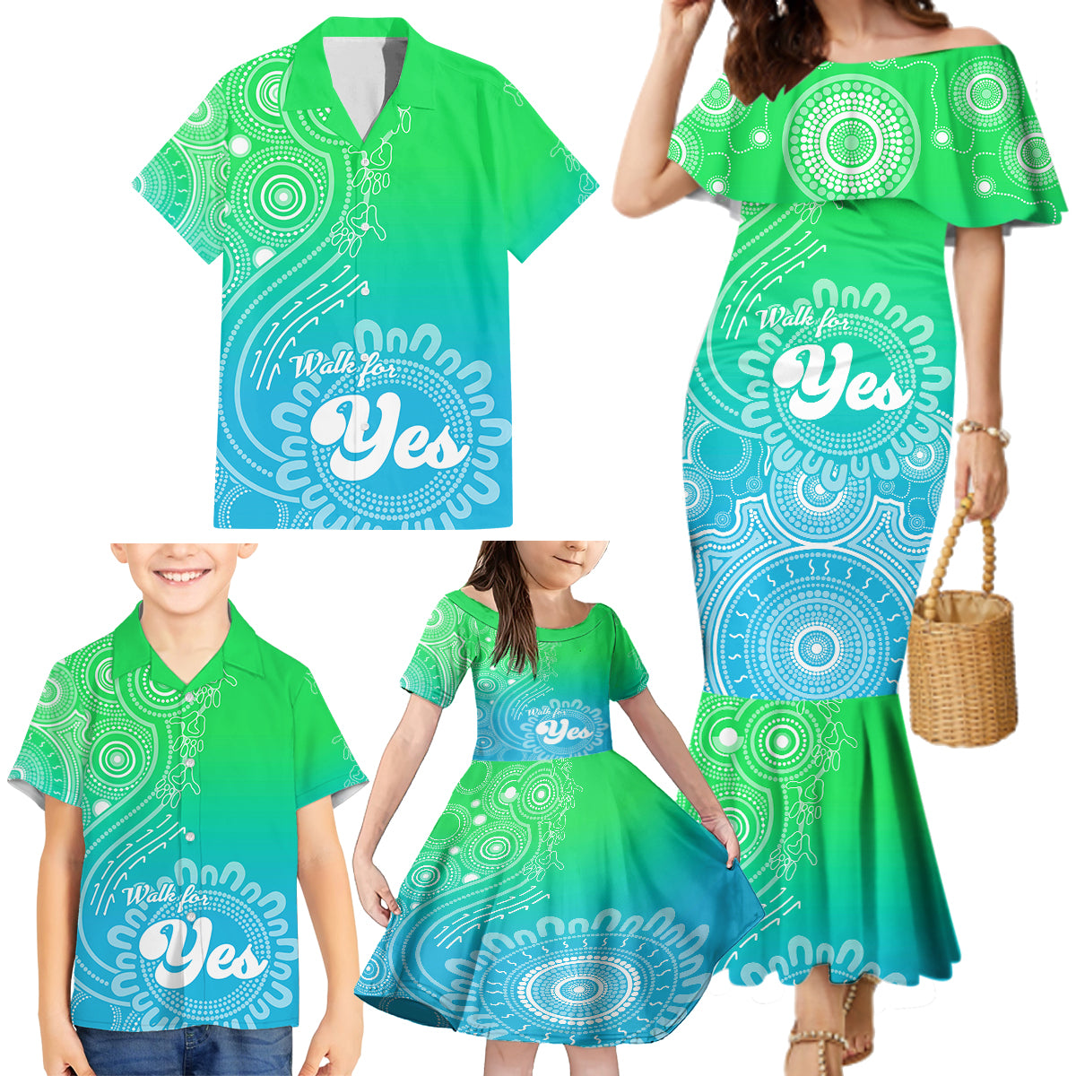 australia-walk-for-yes-family-matching-mermaid-dress-and-hawaiian-shirt-indigenous-voice-2023-aboriginal-green-vibe