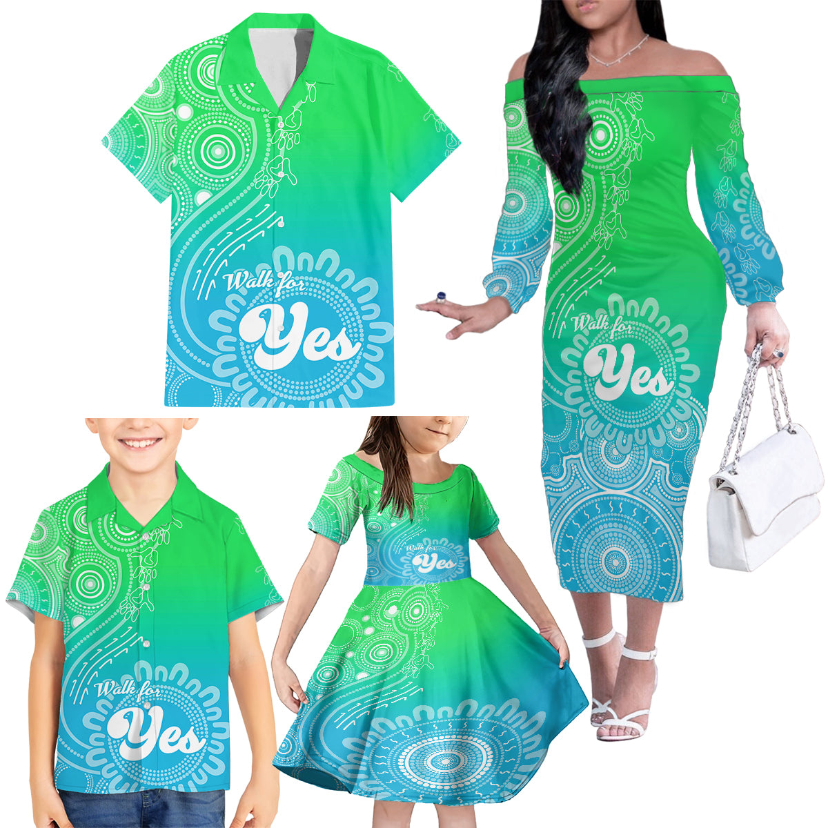 australia-walk-for-yes-family-matching-off-shoulder-long-sleeve-dress-and-hawaiian-shirt-indigenous-voice-2023-aboriginal-green-vibe