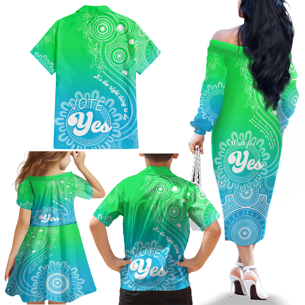 Australia Walk For Yes Family Matching Off Shoulder Long Sleeve Dress and Hawaiian Shirt Indigenous Voice 2023 Aboriginal Green Vibe LT9