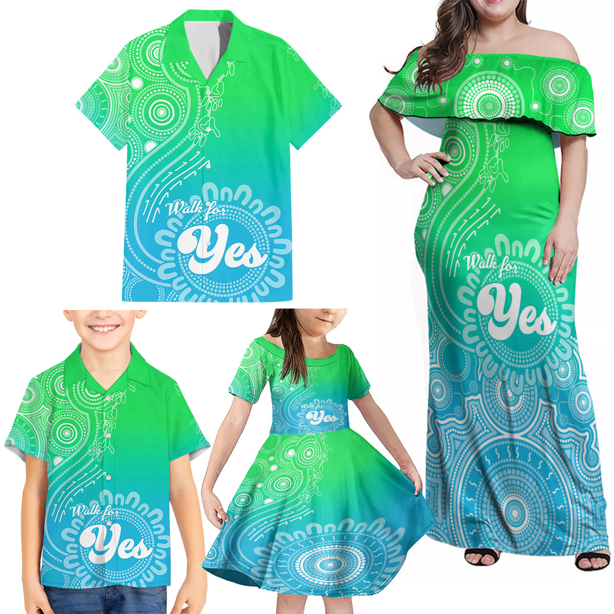 australia-walk-for-yes-family-matching-off-shoulder-maxi-dress-and-hawaiian-shirt-indigenous-voice-2023-aboriginal-green-vibe