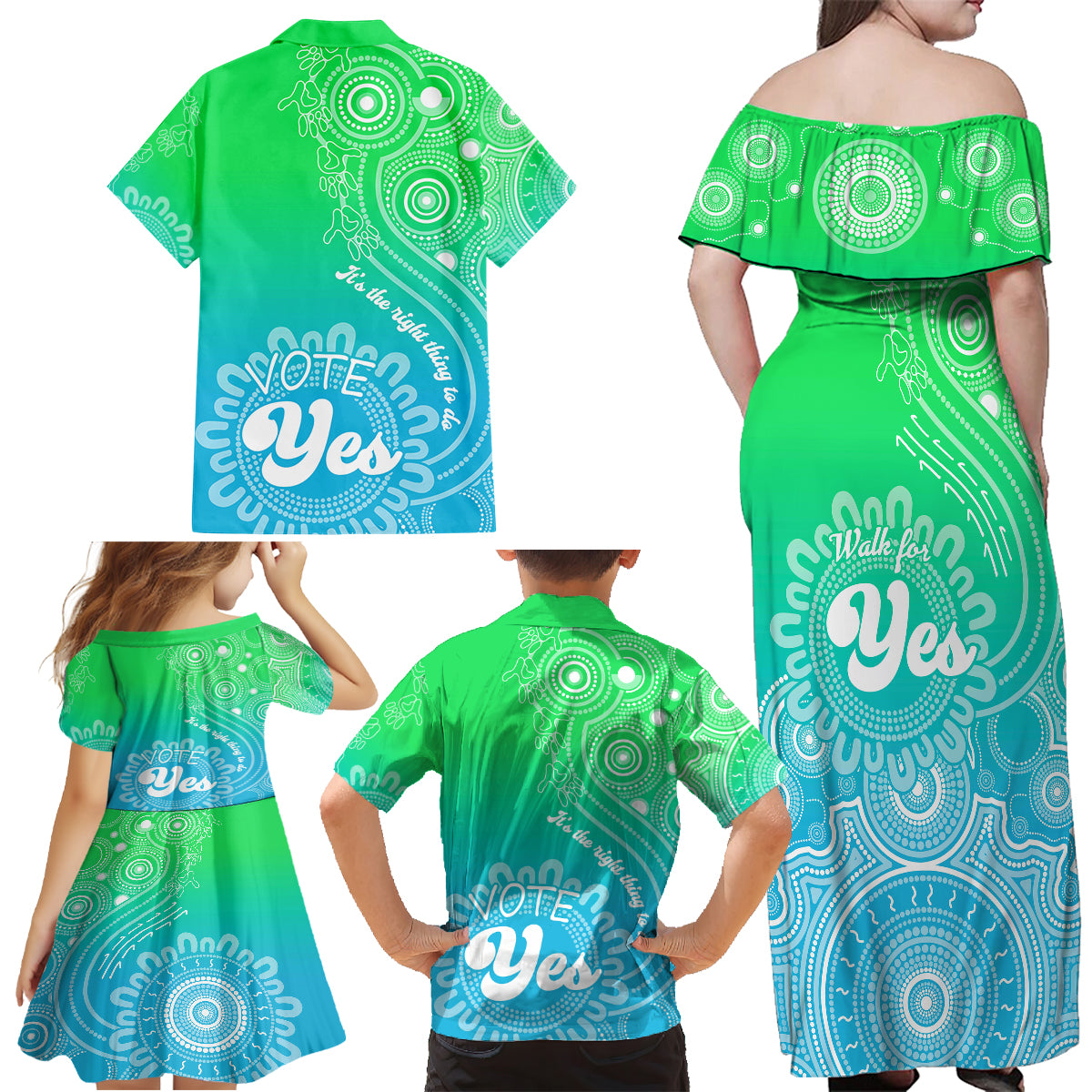 australia-walk-for-yes-family-matching-off-shoulder-maxi-dress-and-hawaiian-shirt-indigenous-voice-2023-aboriginal-green-vibe