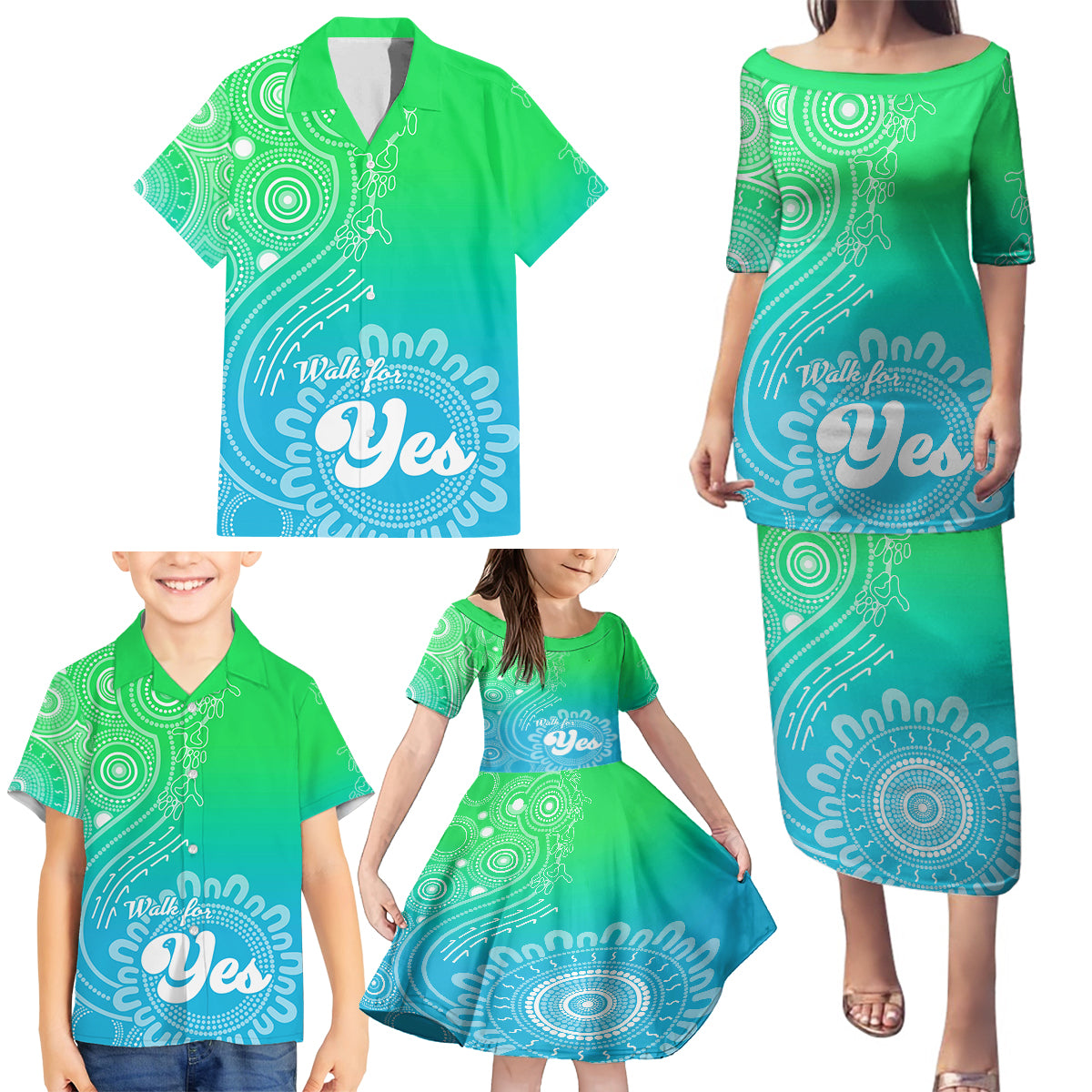 australia-walk-for-yes-family-matching-puletasi-dress-and-hawaiian-shirt-indigenous-voice-2023-aboriginal-green-vibe