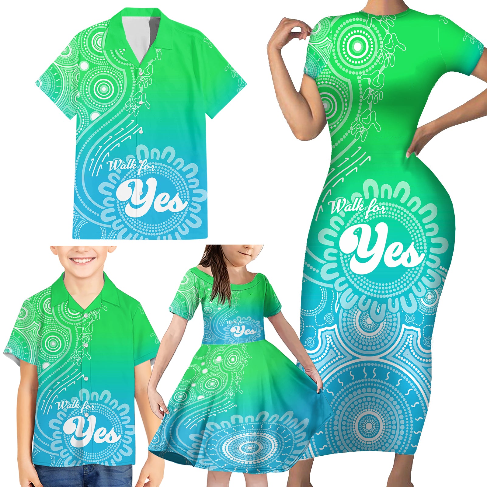 australia-walk-for-yes-family-matching-short-sleeve-bodycon-dress-and-hawaiian-shirt-indigenous-voice-2023-aboriginal-green-vibe