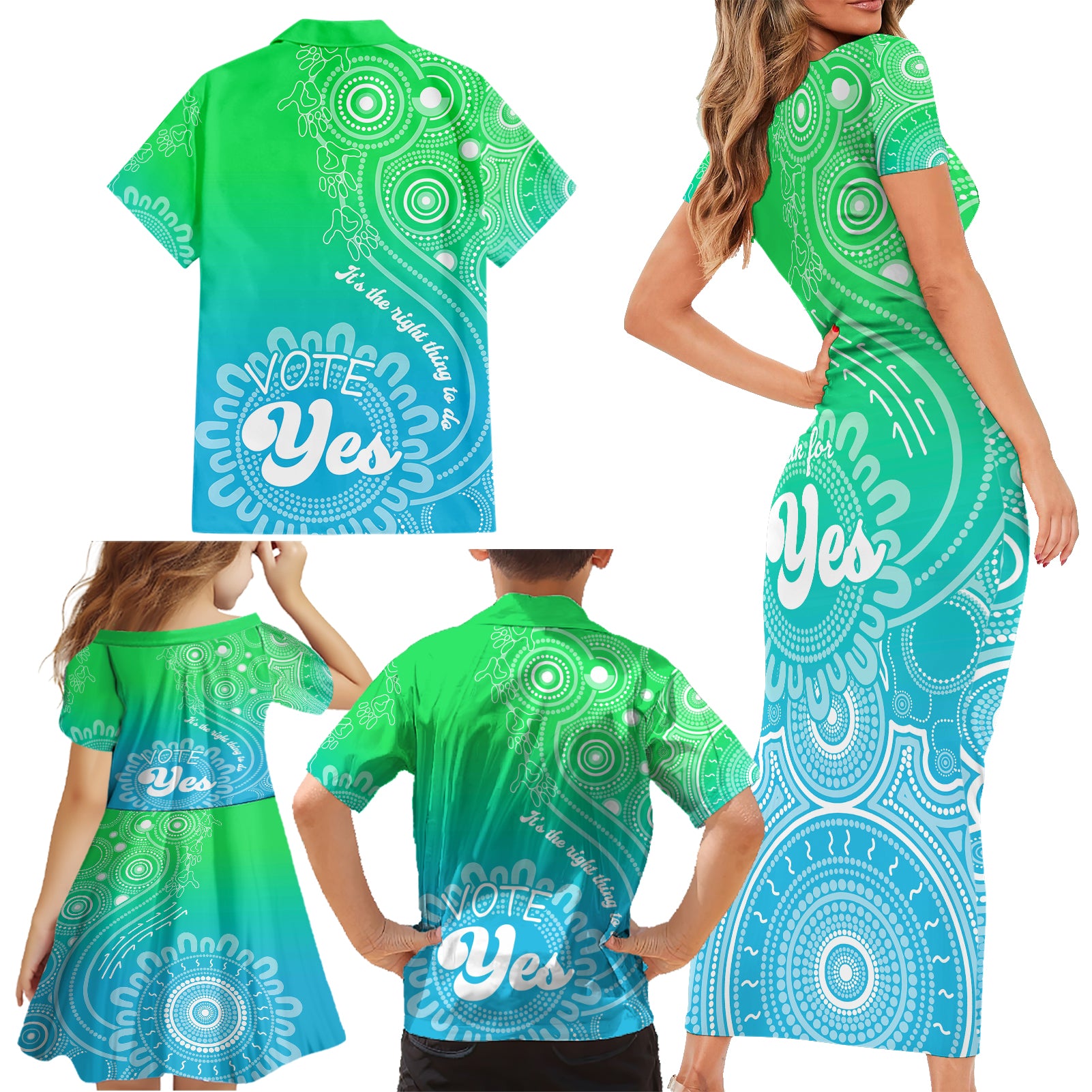 australia-walk-for-yes-family-matching-short-sleeve-bodycon-dress-and-hawaiian-shirt-indigenous-voice-2023-aboriginal-green-vibe