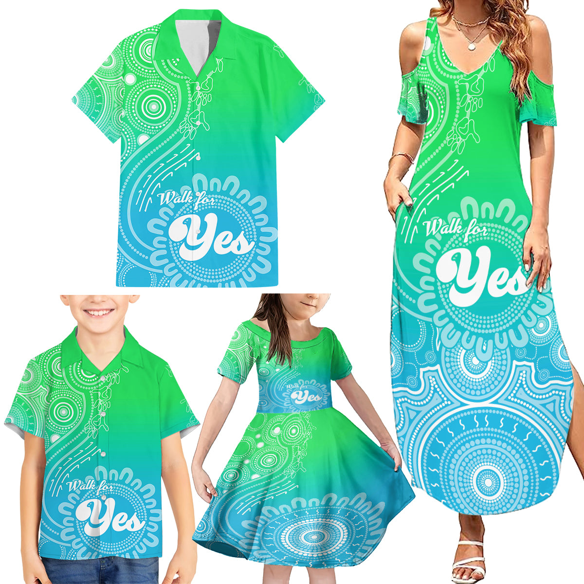 australia-walk-for-yes-family-matching-summer-maxi-dress-and-hawaiian-shirt-indigenous-voice-2023-aboriginal-green-vibe