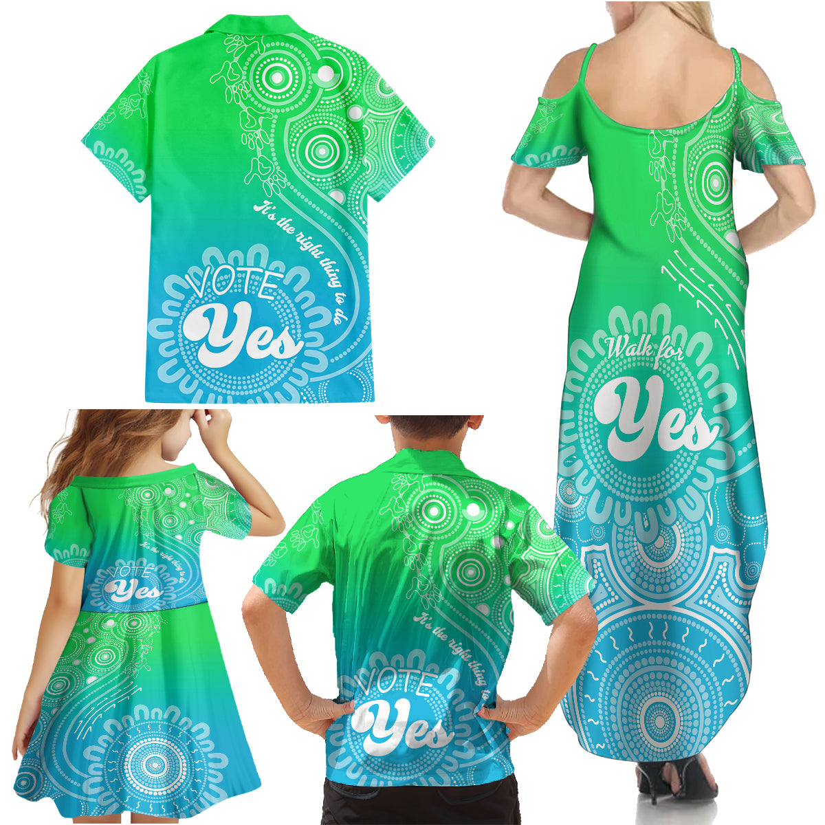 australia-walk-for-yes-family-matching-summer-maxi-dress-and-hawaiian-shirt-indigenous-voice-2023-aboriginal-green-vibe