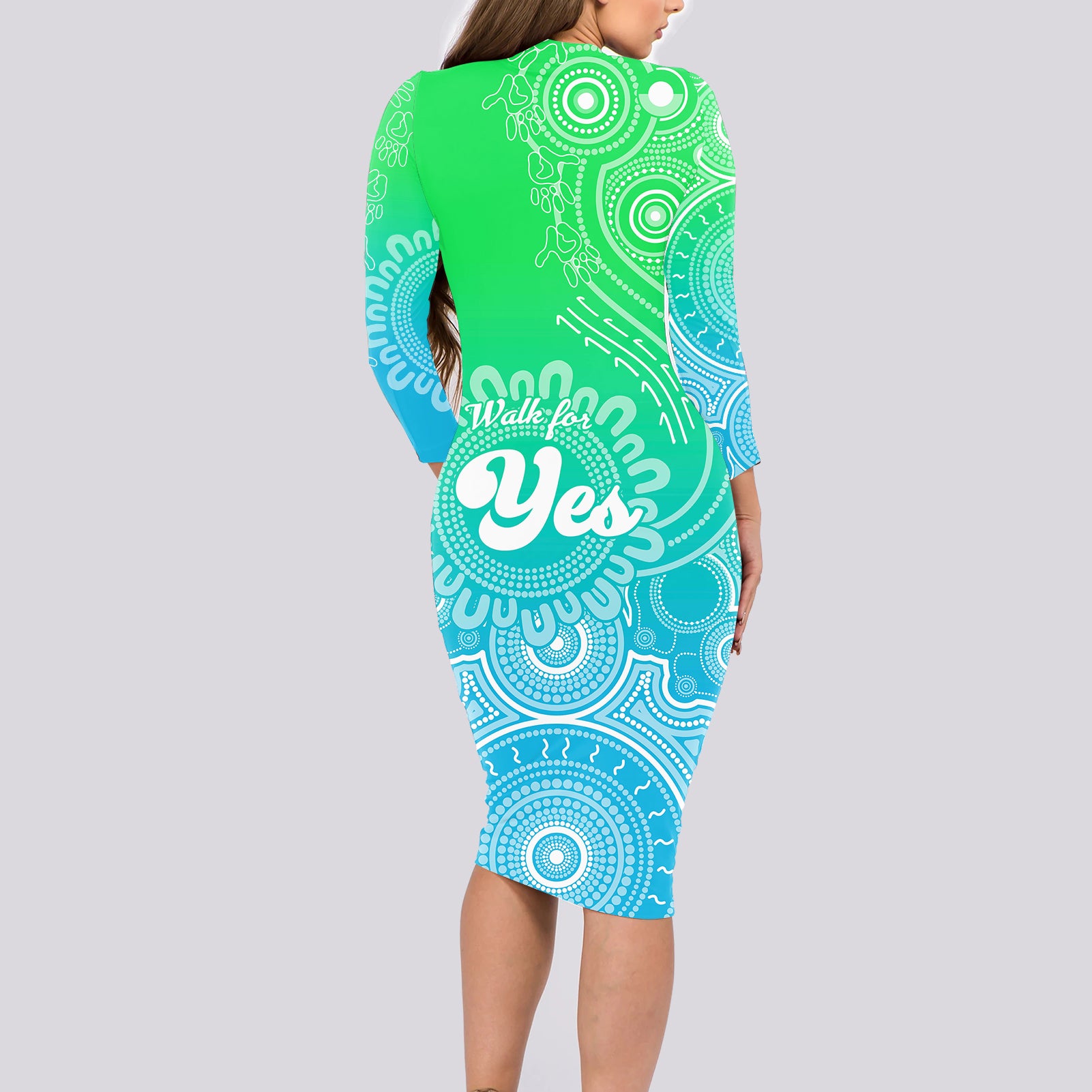 australia-walk-for-yes-long-sleeve-bodycon-dress-indigenous-voice-2023-aboriginal-green-vibe