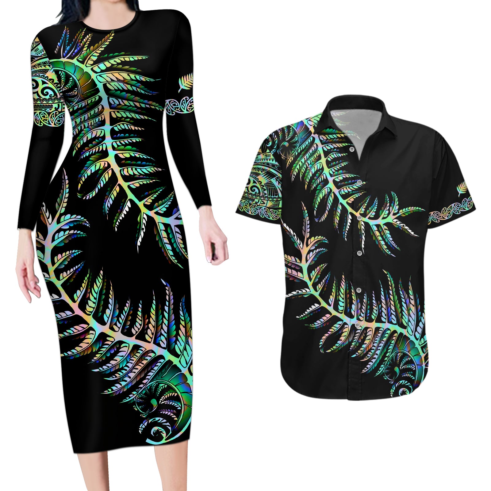 new-zealand-couples-matching-long-sleeve-bodycon-dress-and-hawaiian-shirt-aotearoa-silver-fern-mixed-papua-shell-green-vibe