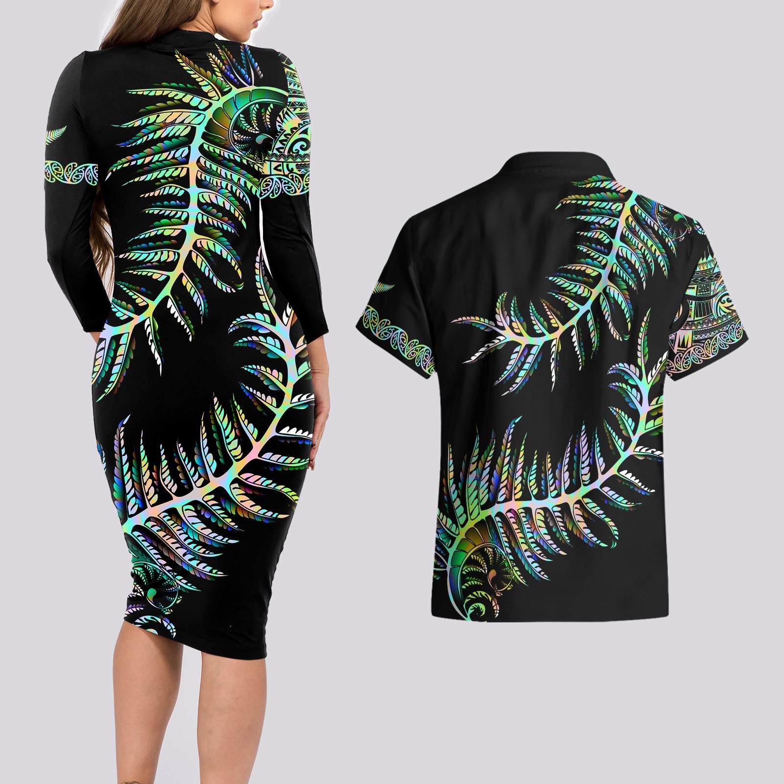 new-zealand-couples-matching-long-sleeve-bodycon-dress-and-hawaiian-shirt-aotearoa-silver-fern-mixed-papua-shell-green-vibe