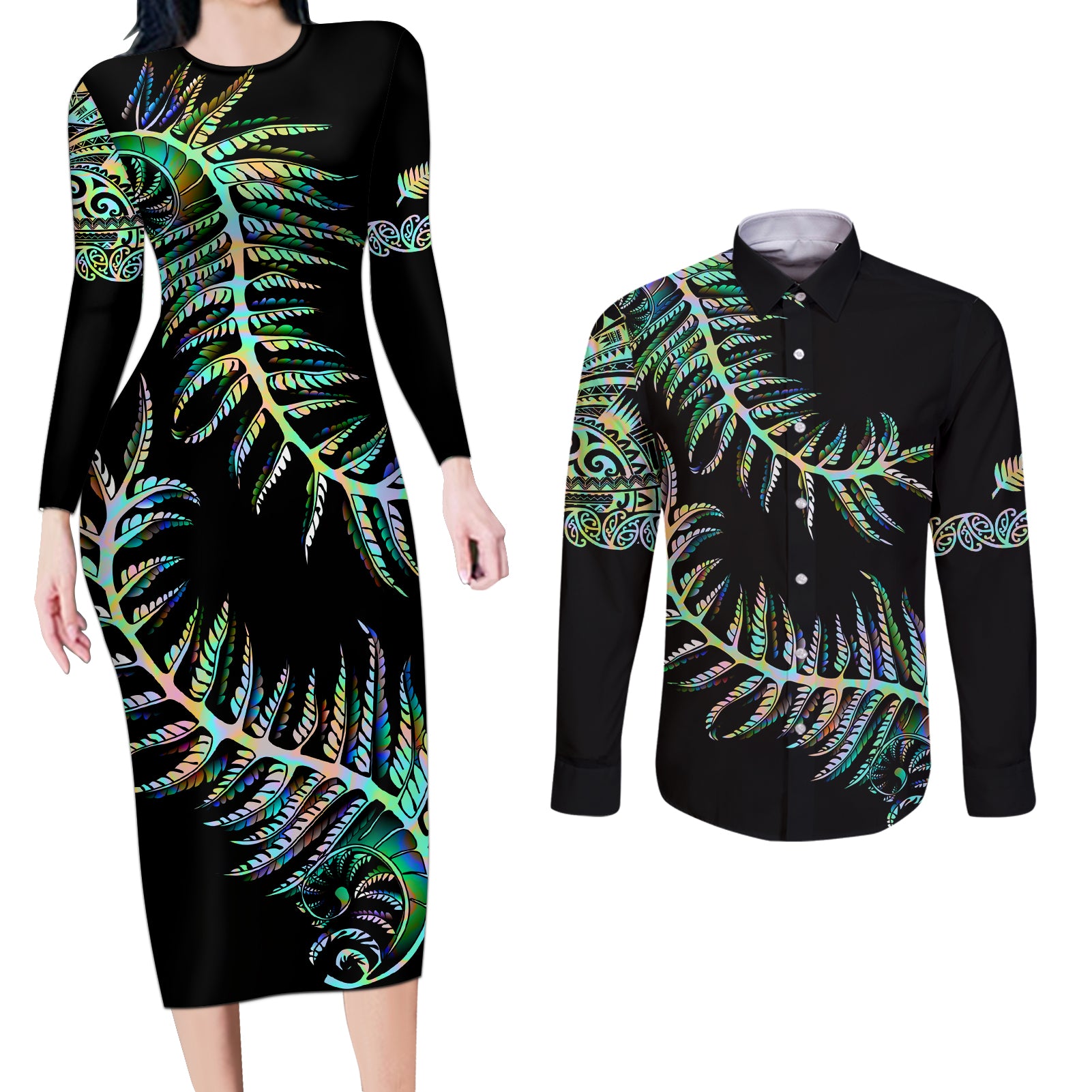 new-zealand-couples-matching-long-sleeve-bodycon-dress-and-long-sleeve-button-shirt-aotearoa-silver-fern-mixed-papua-shell-green-vibe