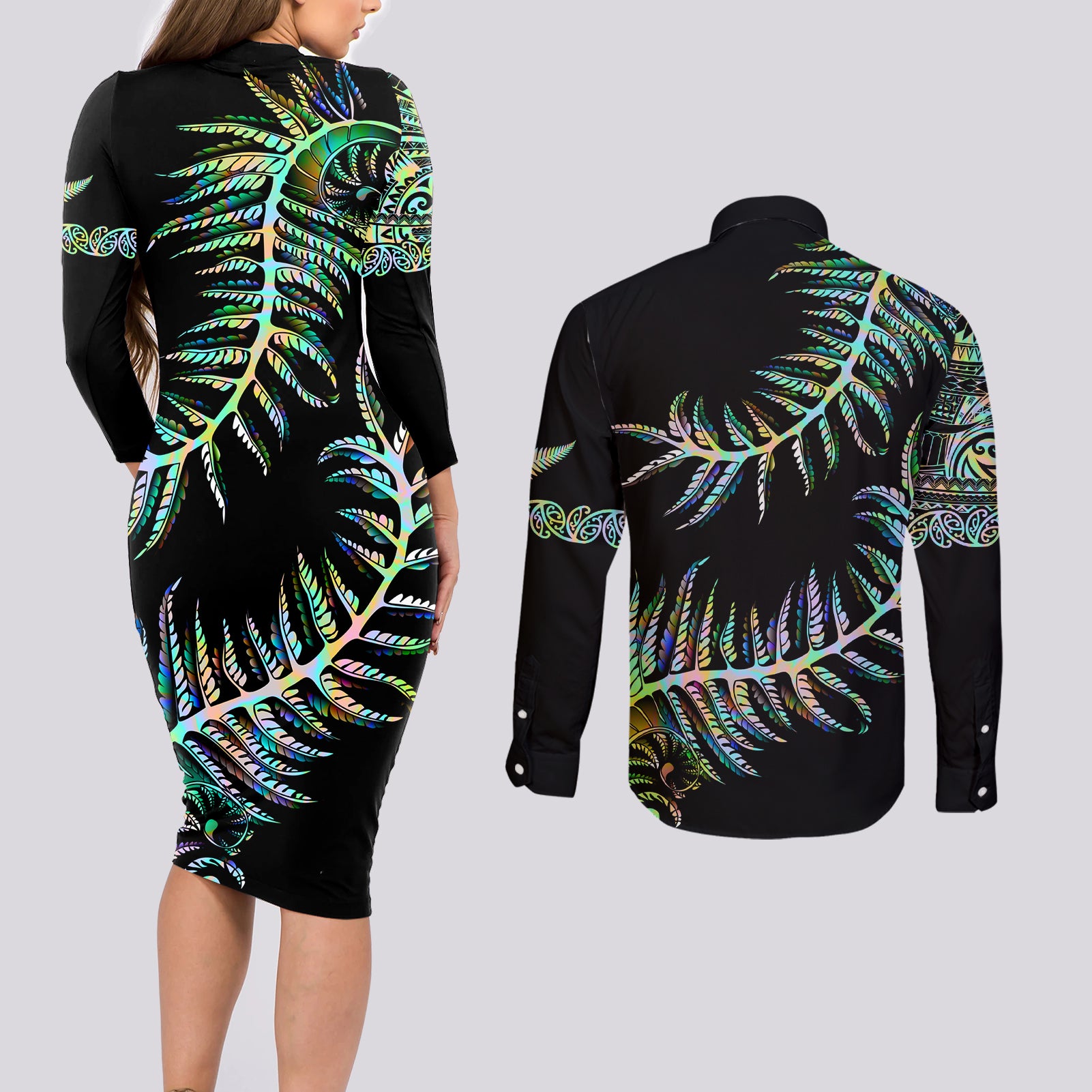 new-zealand-couples-matching-long-sleeve-bodycon-dress-and-long-sleeve-button-shirt-aotearoa-silver-fern-mixed-papua-shell-green-vibe