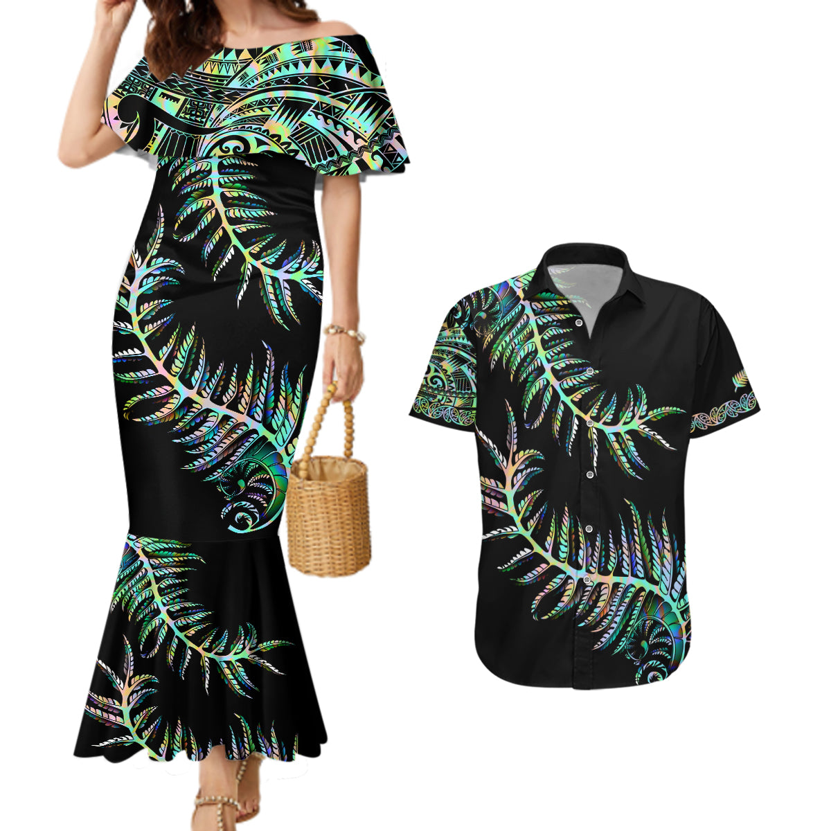 new-zealand-couples-matching-mermaid-dress-and-hawaiian-shirt-aotearoa-silver-fern-mixed-papua-shell-green-vibe