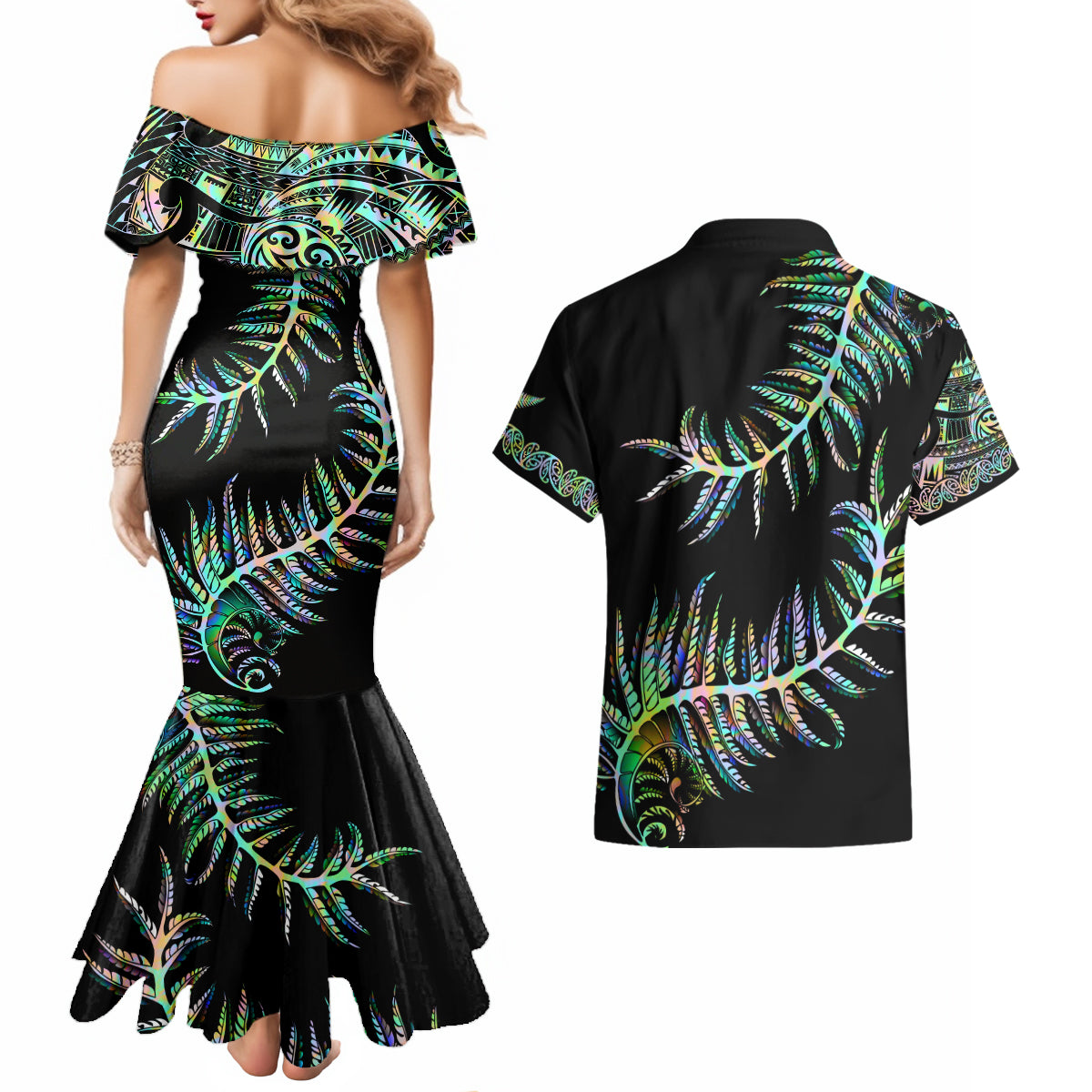 new-zealand-couples-matching-mermaid-dress-and-hawaiian-shirt-aotearoa-silver-fern-mixed-papua-shell-green-vibe