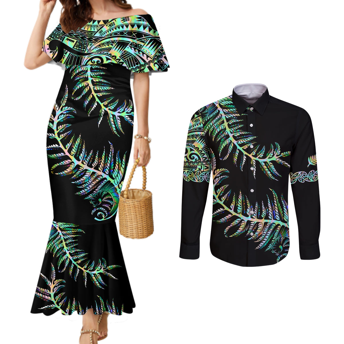 new-zealand-couples-matching-mermaid-dress-and-long-sleeve-button-shirt-aotearoa-silver-fern-mixed-papua-shell-green-vibe